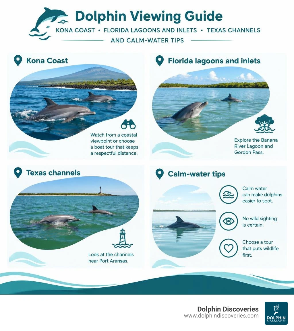 Dolphin viewing guide: Kona Coast, Florida lagoons and inlets, Texas channels, and calm-water tips infographic Dolphin viewing guide: Kona Coast, Florida lagoons and inlets, Texas channels, and calm-water tips infographic
