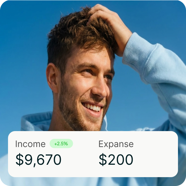 Smiling young man in a light blue hoodie with financial data overlay showing income $9,670 with 2.5% increase and expense $200.