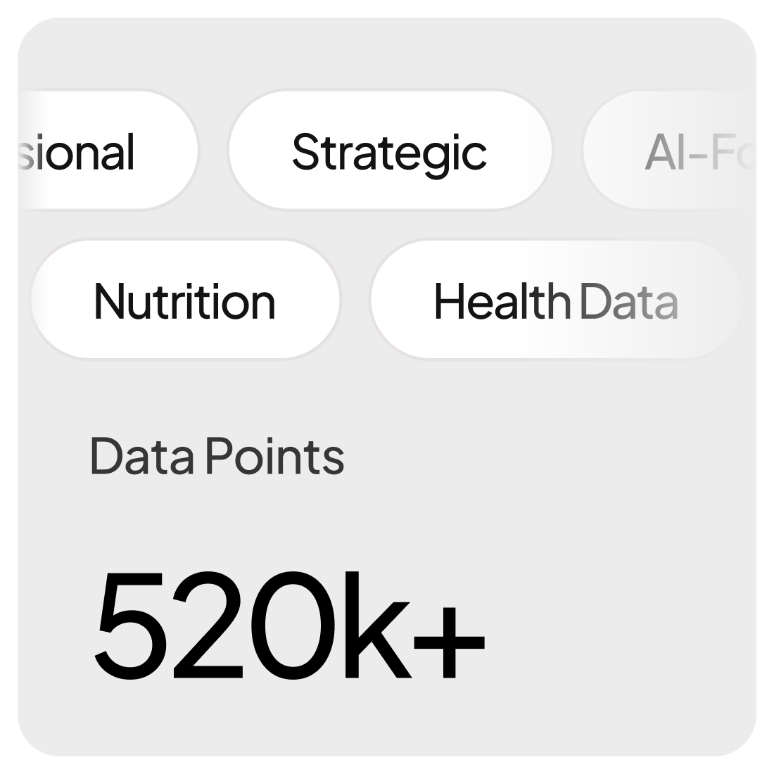Data points count displayed as 520k+ with topic tags including Strategic, Nutrition, and Health Data.