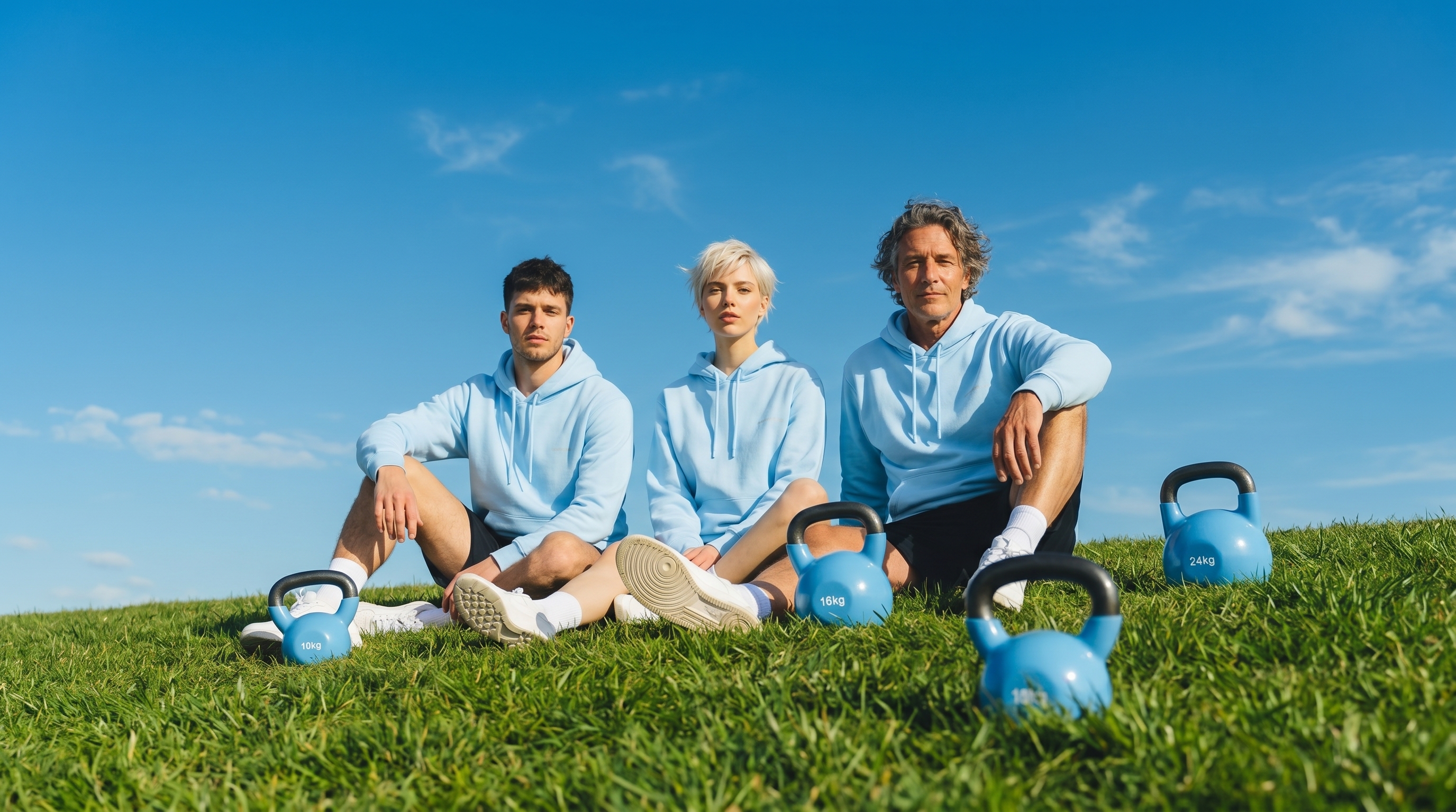 Three people in light blue hoodies sitting on grass with kettlebells labeled 10kg, 16kg, and 24kg on a sunny day.
