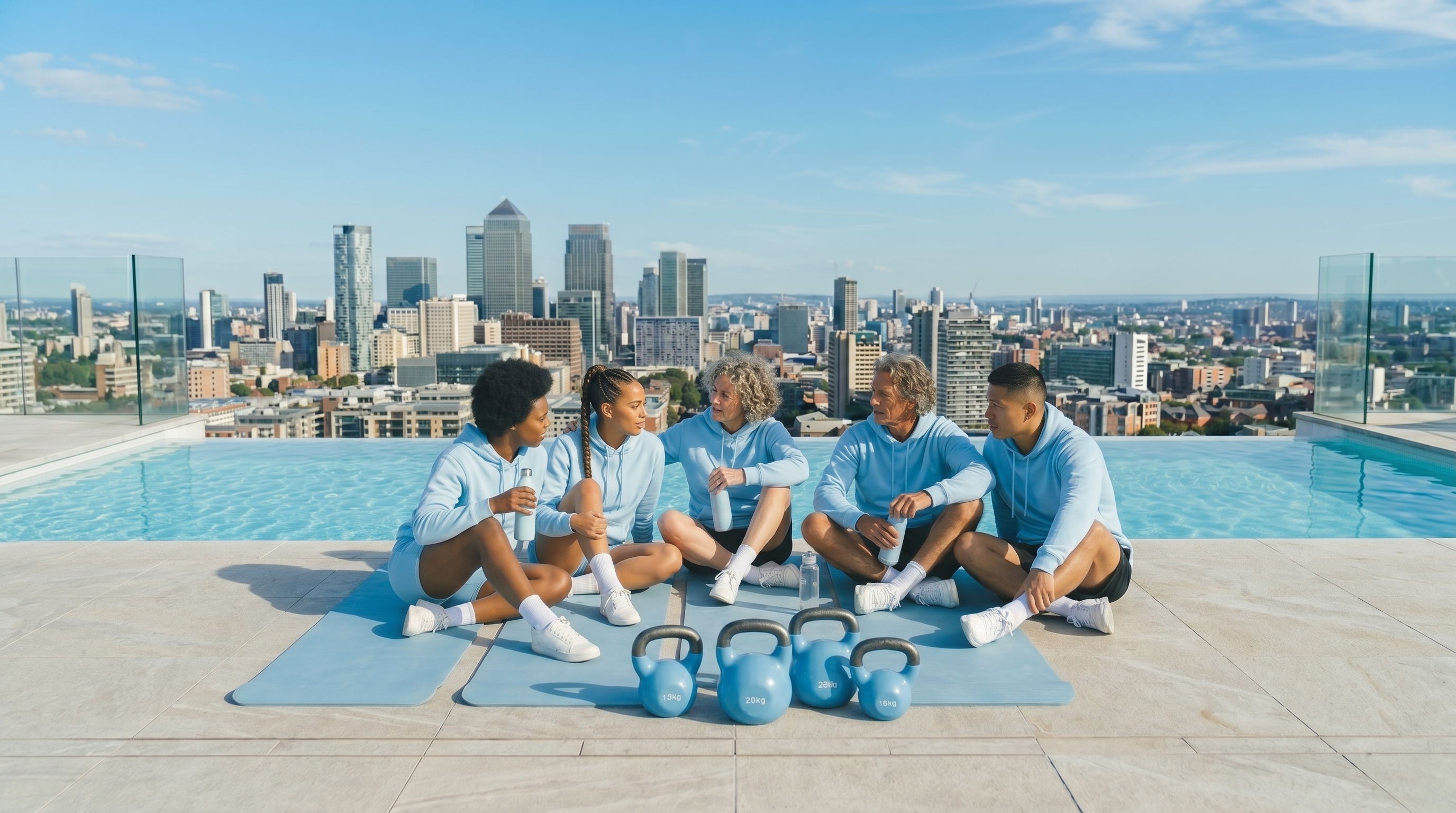Five diverse people in blue hoodies sitting on yoga mats by a rooftop pool with kettlebells in front and a city skyline in the background.