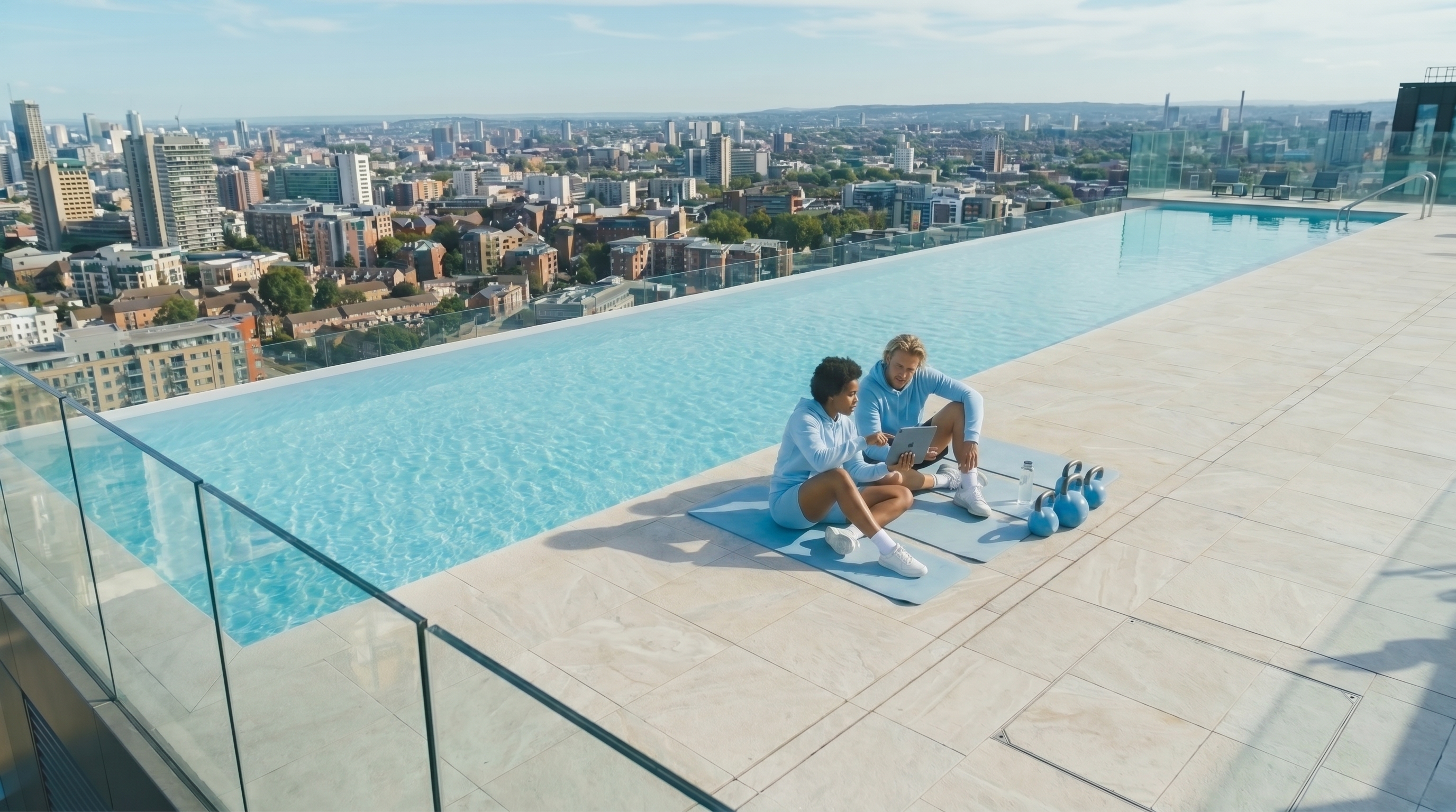 Two people sitting on exercise mats by a rooftop infinity pool overlooking a city, looking at a tablet, with kettlebells and a water bottle nearby.