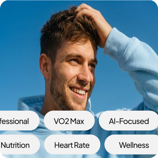 Smiling man in light blue hoodie with hand on his head against a clear blue sky, surrounded by fitness and health terms.