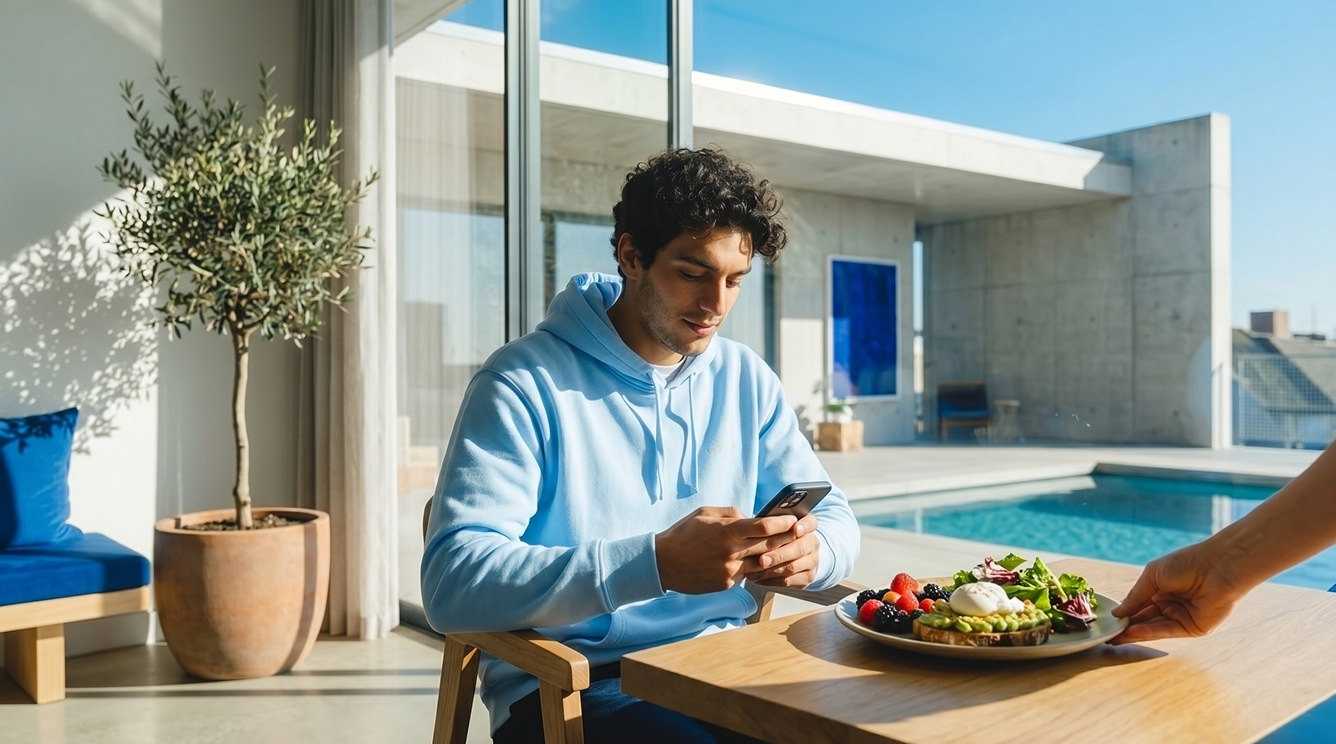 Young man in a light blue hoodie sitting at a table by a pool, looking at his phone as a hand serves a plate of food with salad and berries.