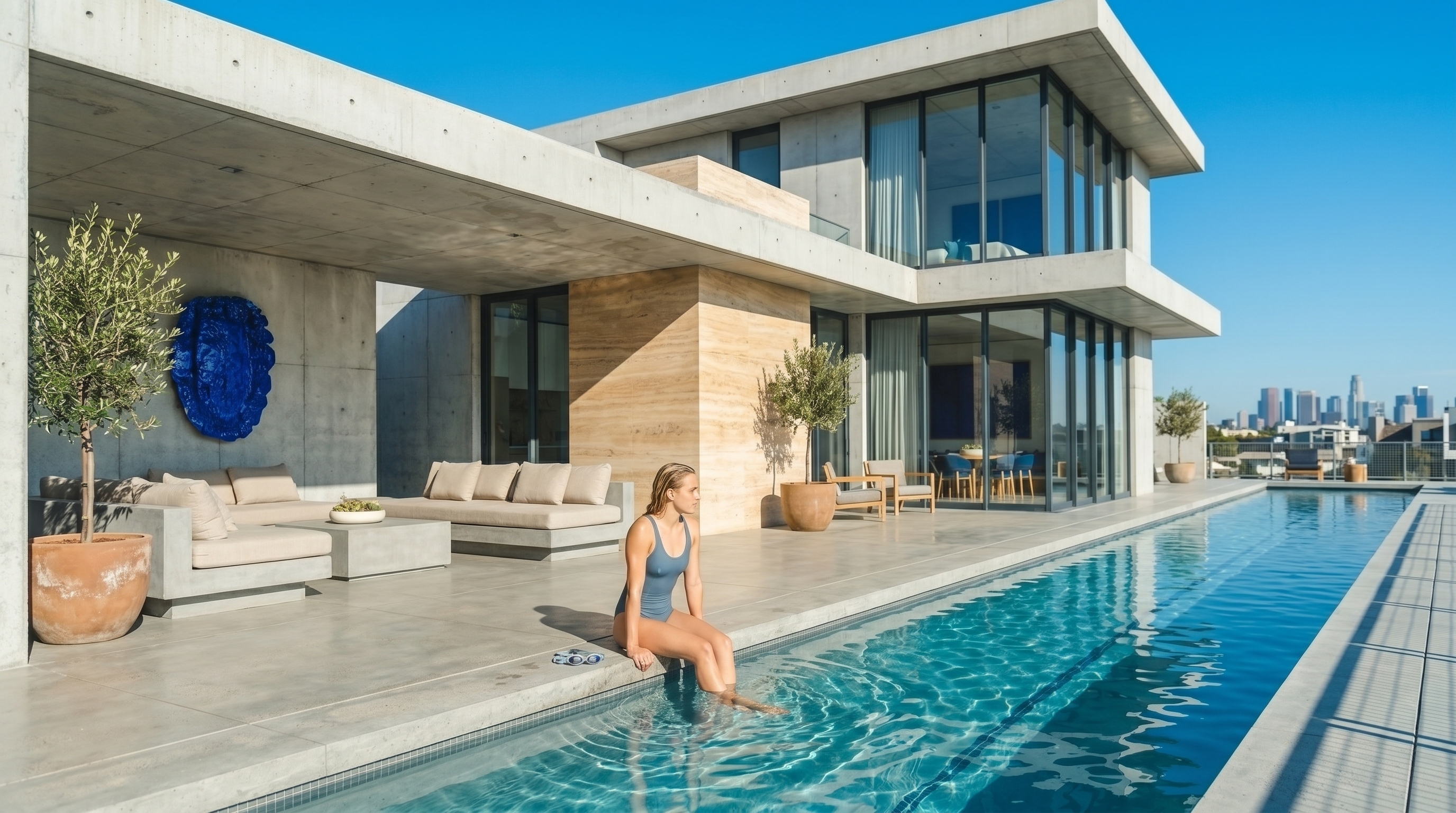 Woman in blue swimsuit sitting on edge of pool next to modern house with large glass windows under clear blue sky.