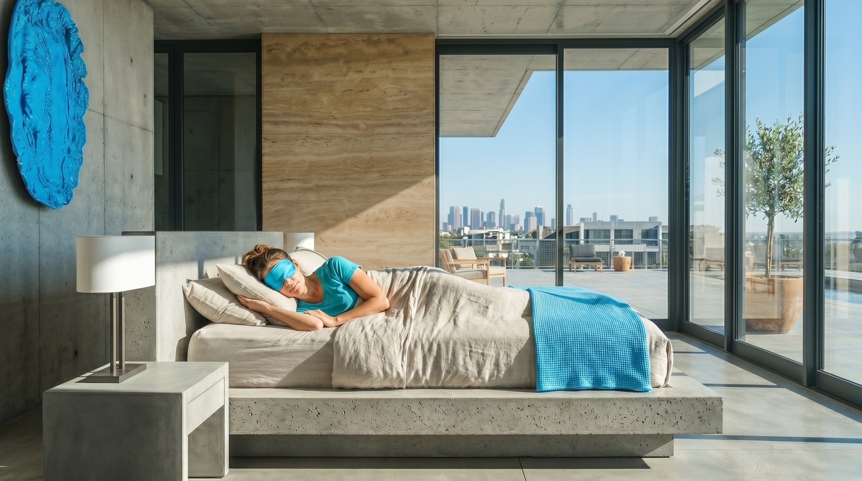 Woman sleeping on a modern concrete bed in a spacious room with floor-to-ceiling windows and a city skyline view, wearing a blue sleep mask and matching blue shirt.