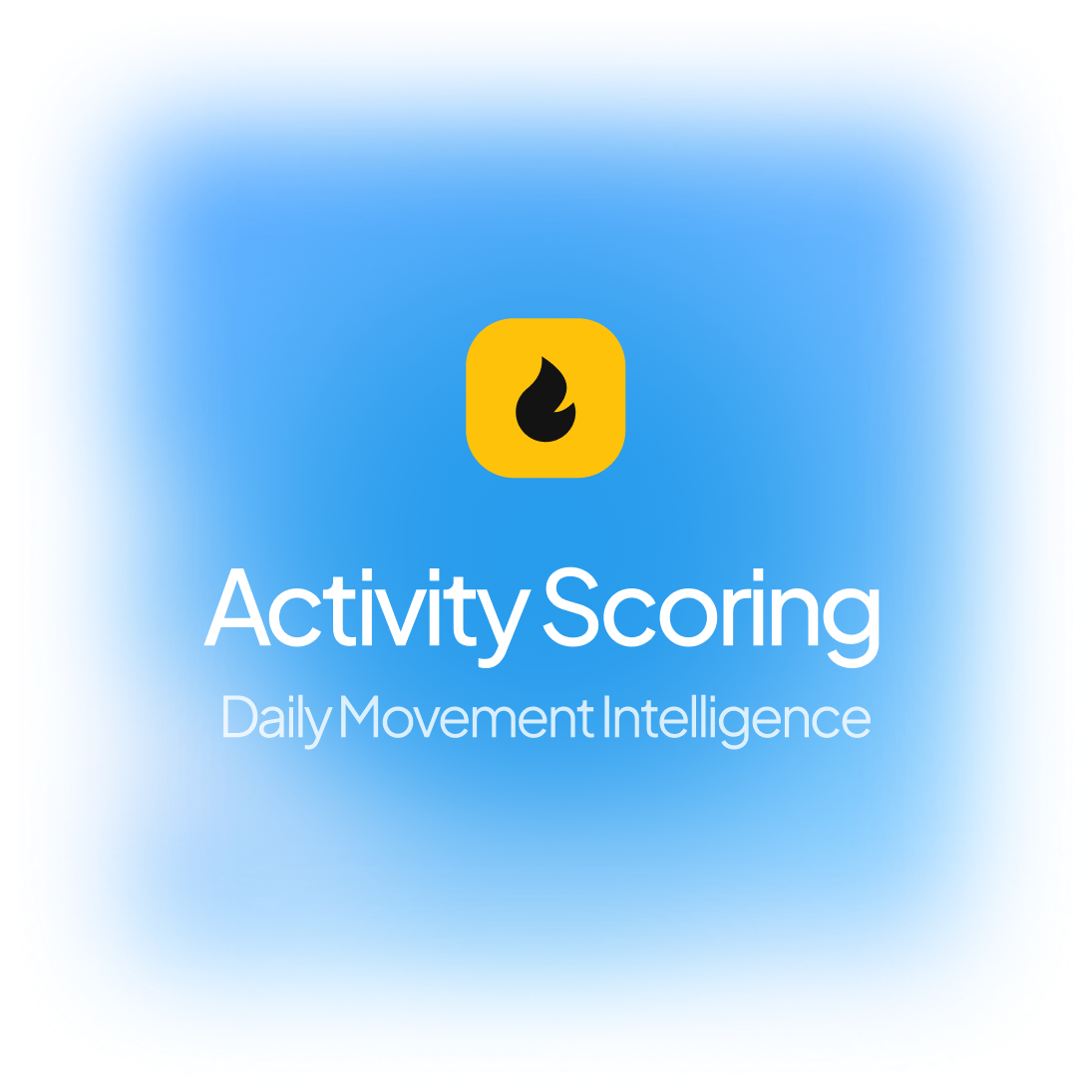 Yellow square icon with a black flame above the text 'Activity Scoring' and 'Daily Movement Intelligence' on a blue gradient background.