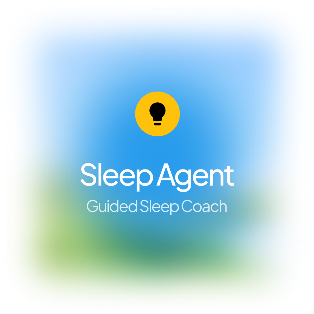 Sleep Agent logo with a yellow light bulb icon above the text 'Sleep Agent Guided Sleep Coach' on a blue gradient background.
