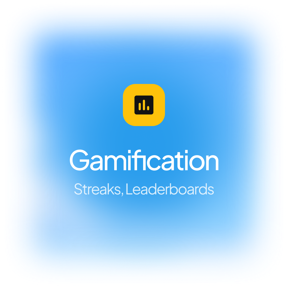 Yellow and black gamification icon above the words 'Gamification' and 'Streaks, Leaderboards' on a blue gradient background.