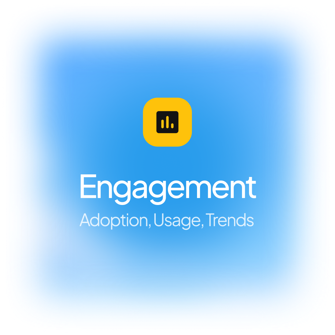 Yellow square icon with vertical bars above the text 'Engagement' and 'Adoption, Usage, Trends' on a blue gradient background.