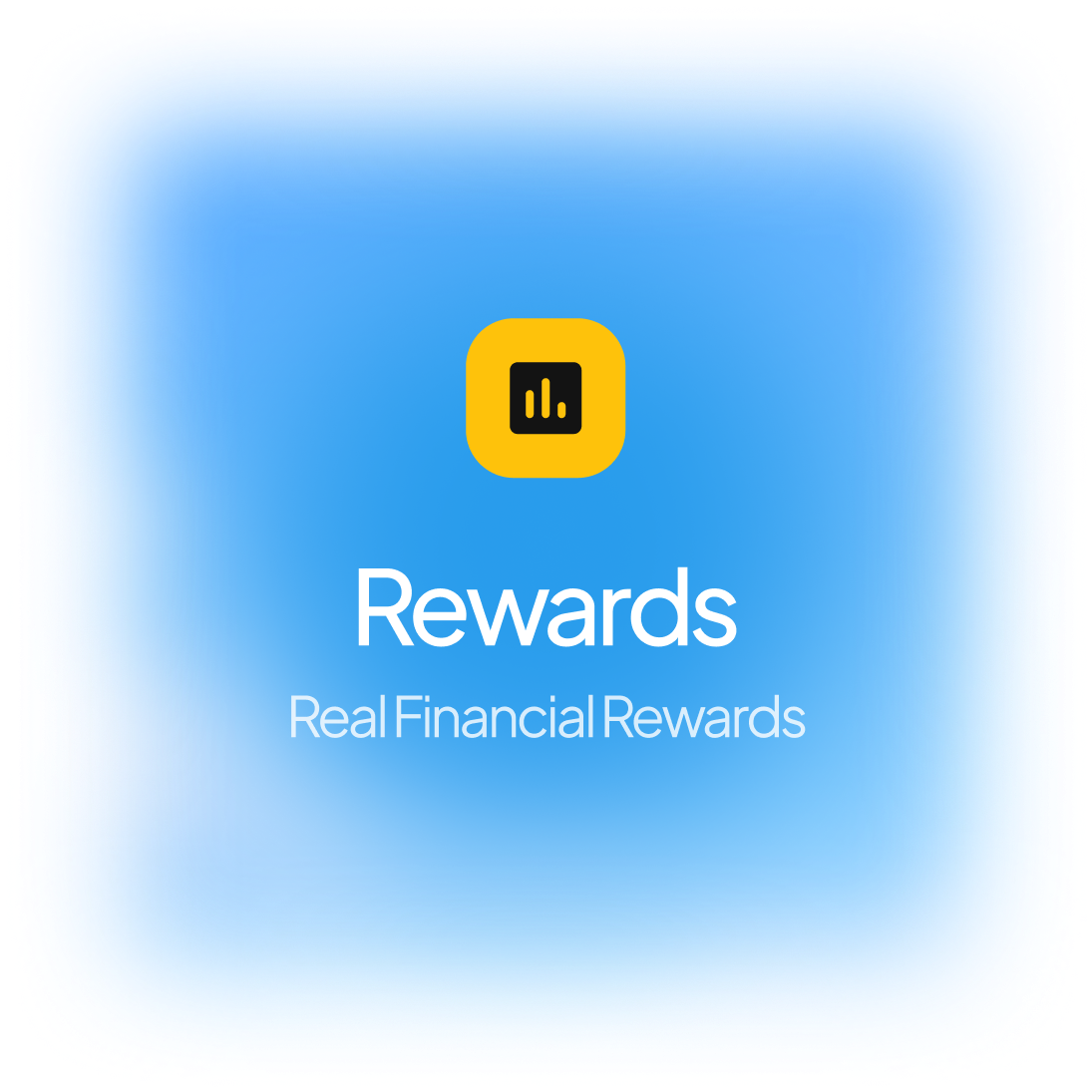 Yellow square icon with a black bar chart symbol above the text Rewards and Real Financial Rewards on a blue gradient background.