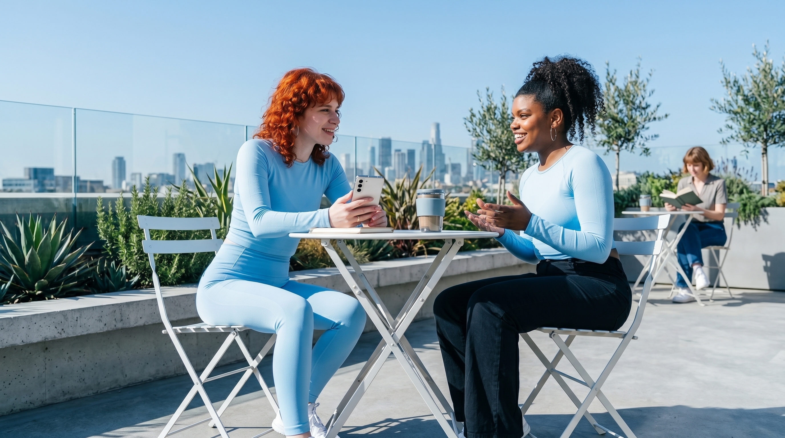 Two women sitting at a white outdoor table chatting, one holding a smartphone and a city skyline in the background.