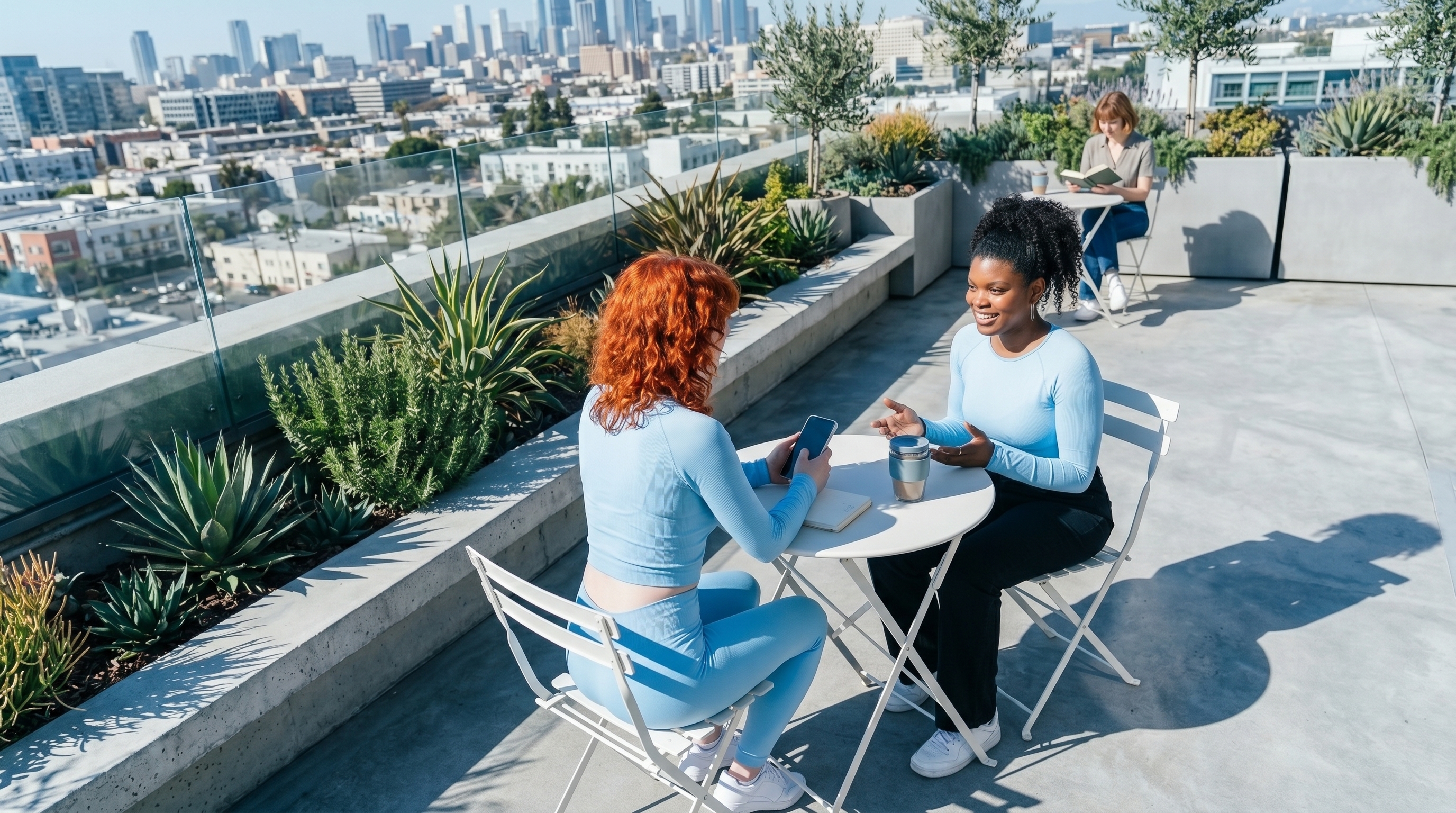 Two women sitting at a small round table on a rooftop terrace having a conversation, with a third woman reading a book at another table in the background and city buildings in the distance.