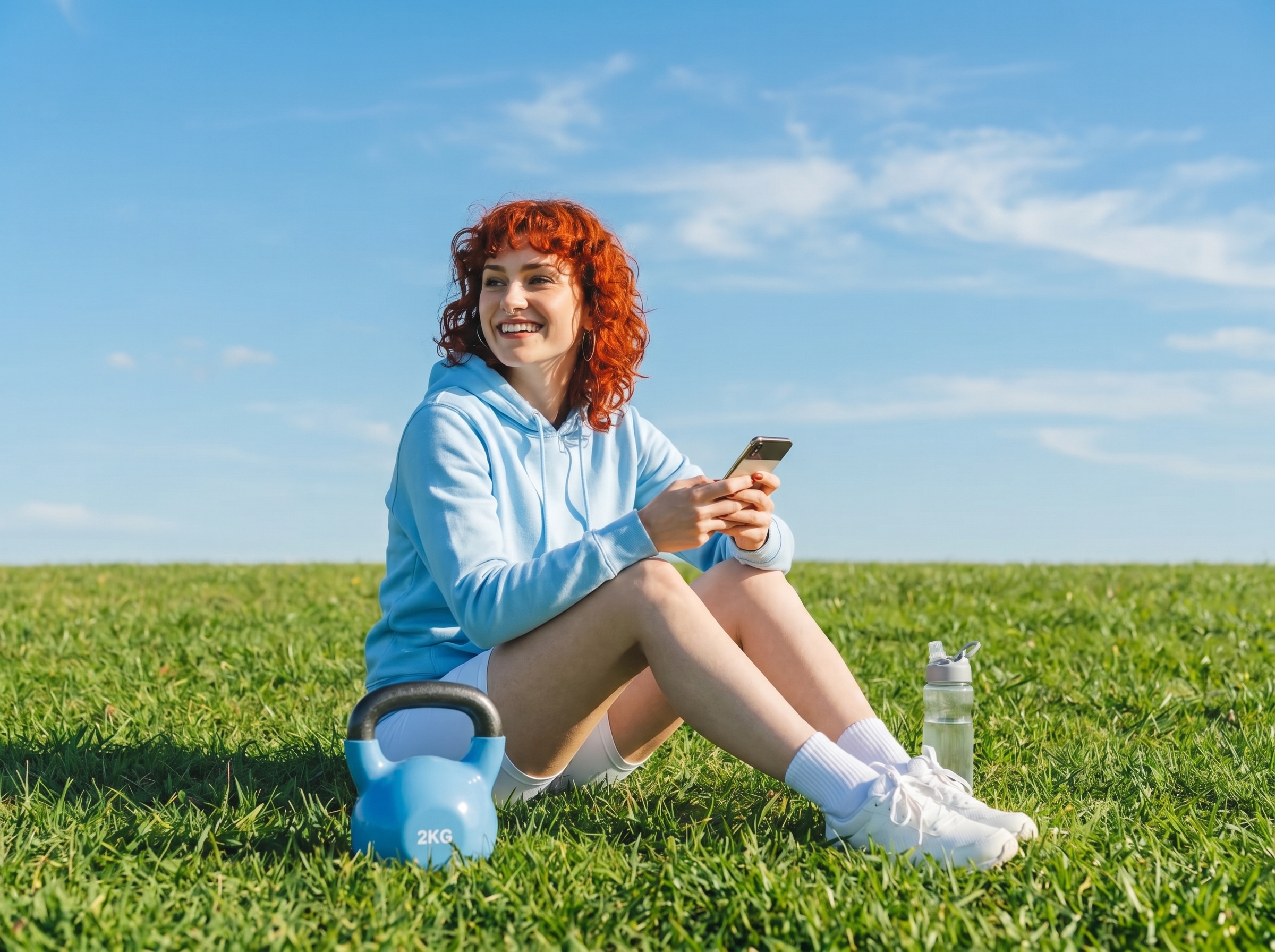 Smiling woman with red curly hair in light blue hoodie sitting on grass with a phone, kettlebell, and water bottle nearby.