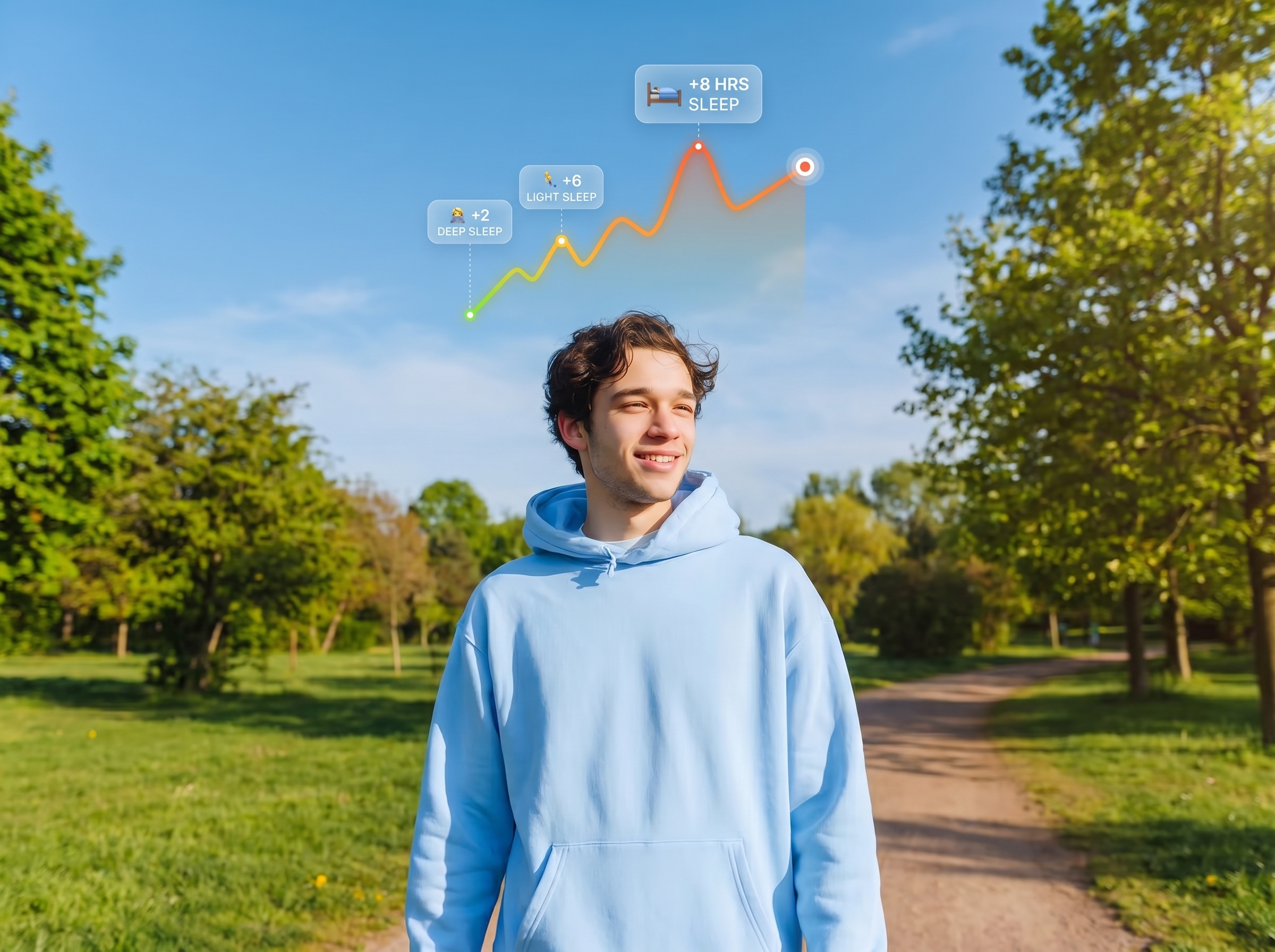 Young man in a light blue hoodie walking on a sunny park path with digital sleep tracking graphics above his head.