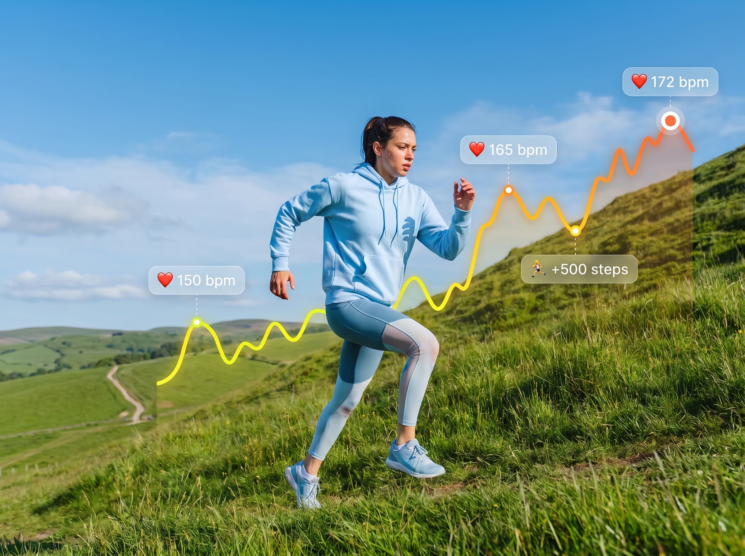 Woman running uphill on a grassy trail with an overlay of heart rate and step count data.