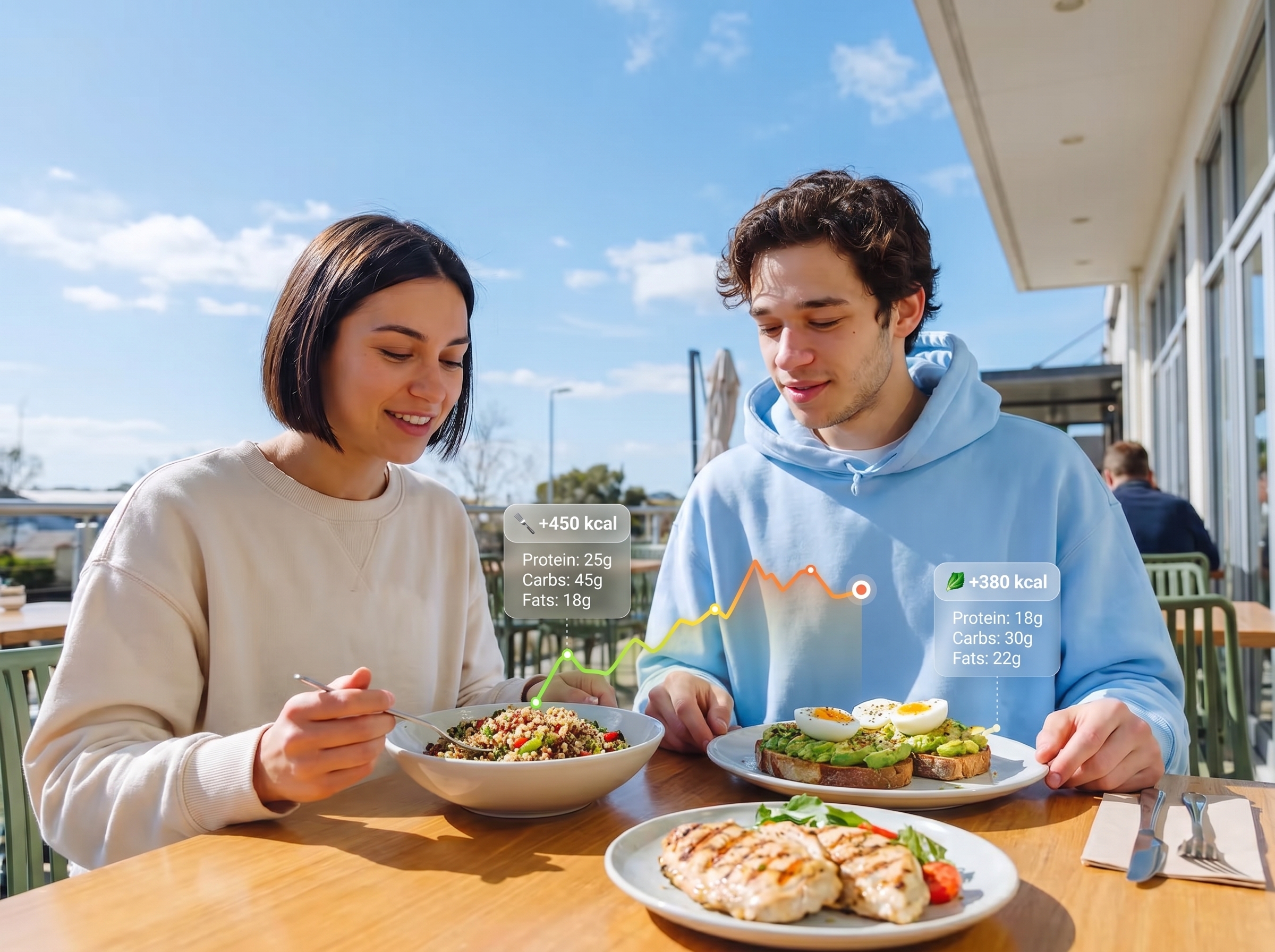 A man and woman sitting outdoors at a wooden table with healthy meals, showing nutritional info of their food including calories, protein, carbs, and fats.