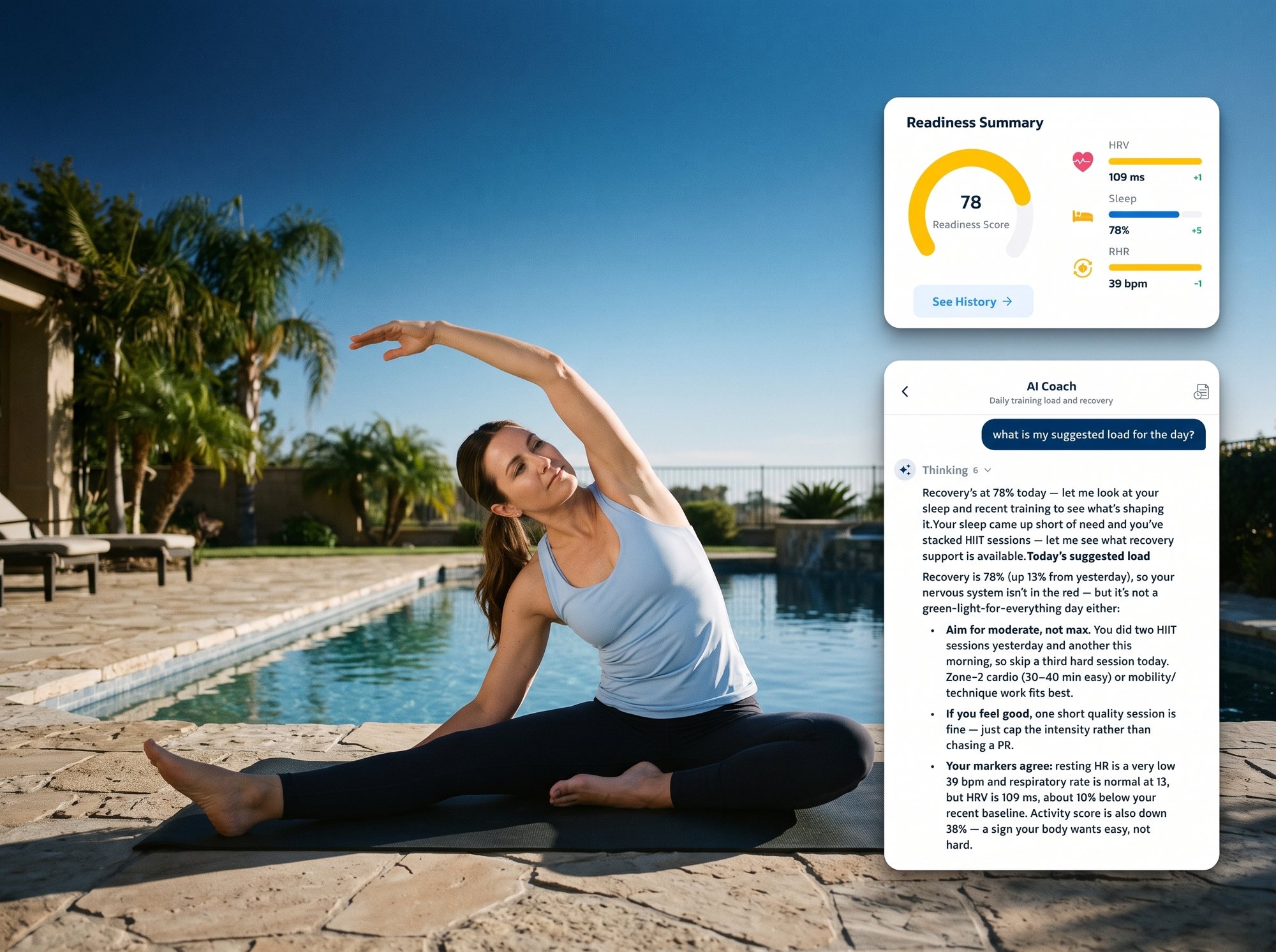 Woman stretching on a yoga mat beside a pool with a readiness score card