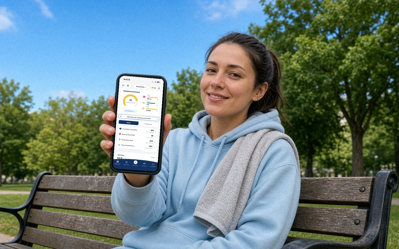 Woman on a park bench holding a phone that shows the app