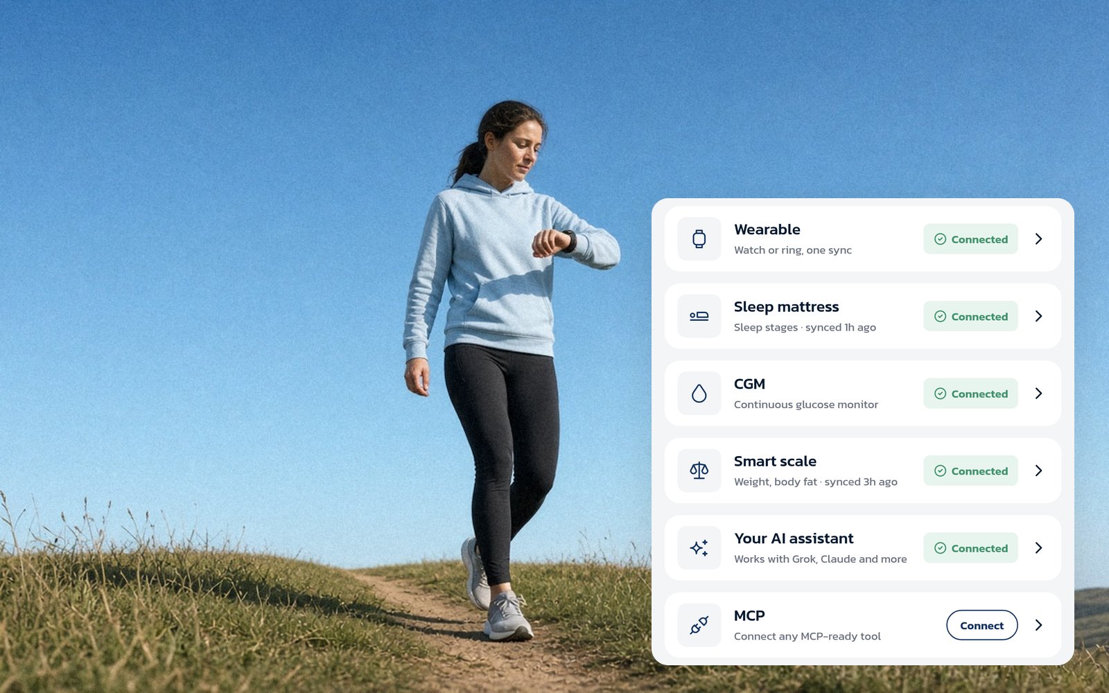 Woman walking outdoors beside a list of connected devices