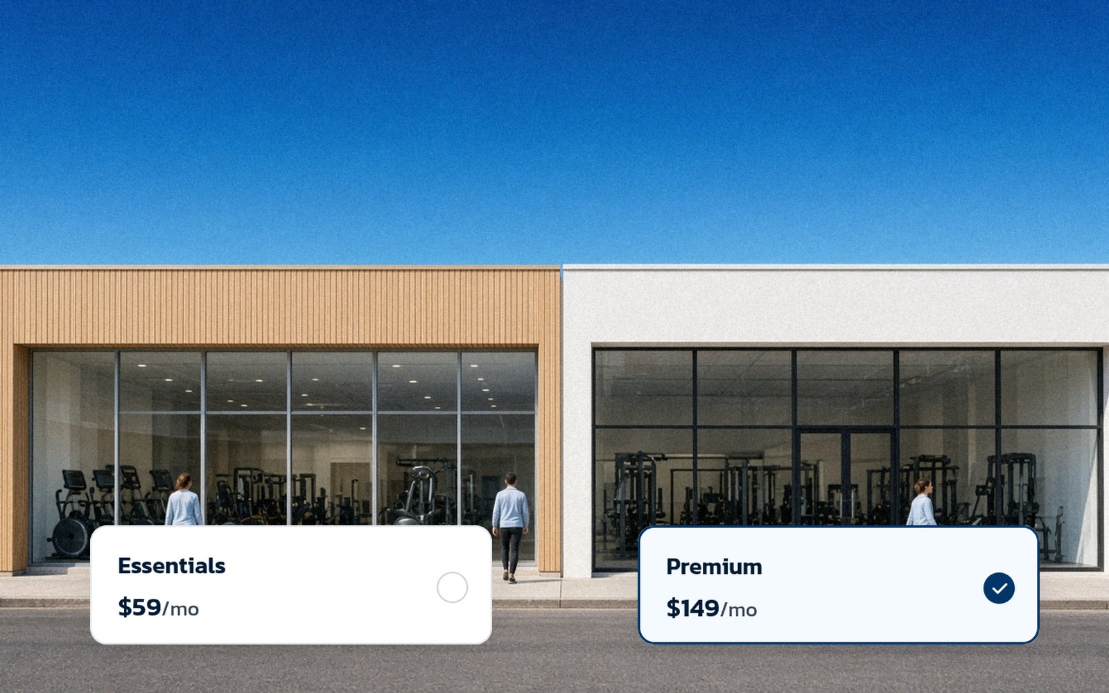 Gym front with Essentials and Premium package options