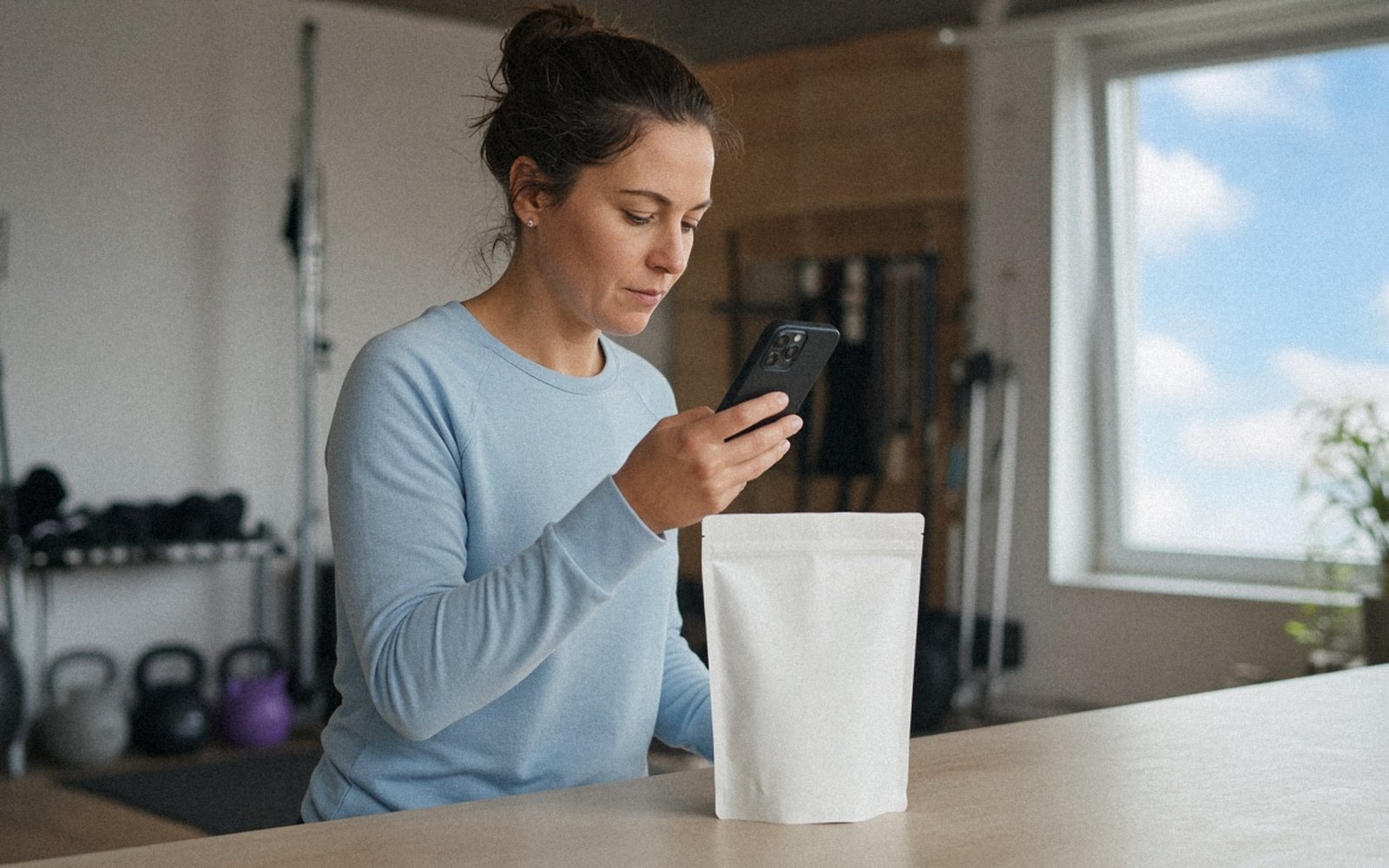 Woman checking her phone beside a protein tub