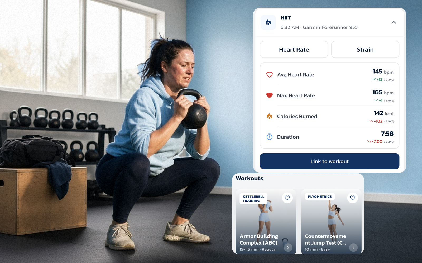 Woman holding a kettlebell mid-squat in a gym beside a workout summary card showing heart rate, calories and duration, and a list of kettlebell and plyometric workouts.
