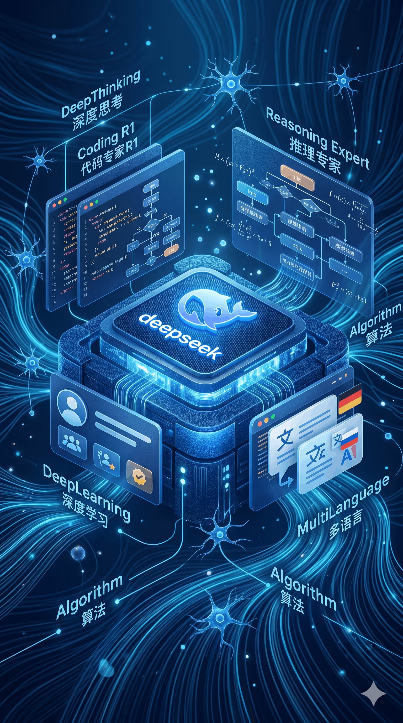 Digital cube with deep learning, coding, reasoning, multilingual text and algorithms connected by neural lines.