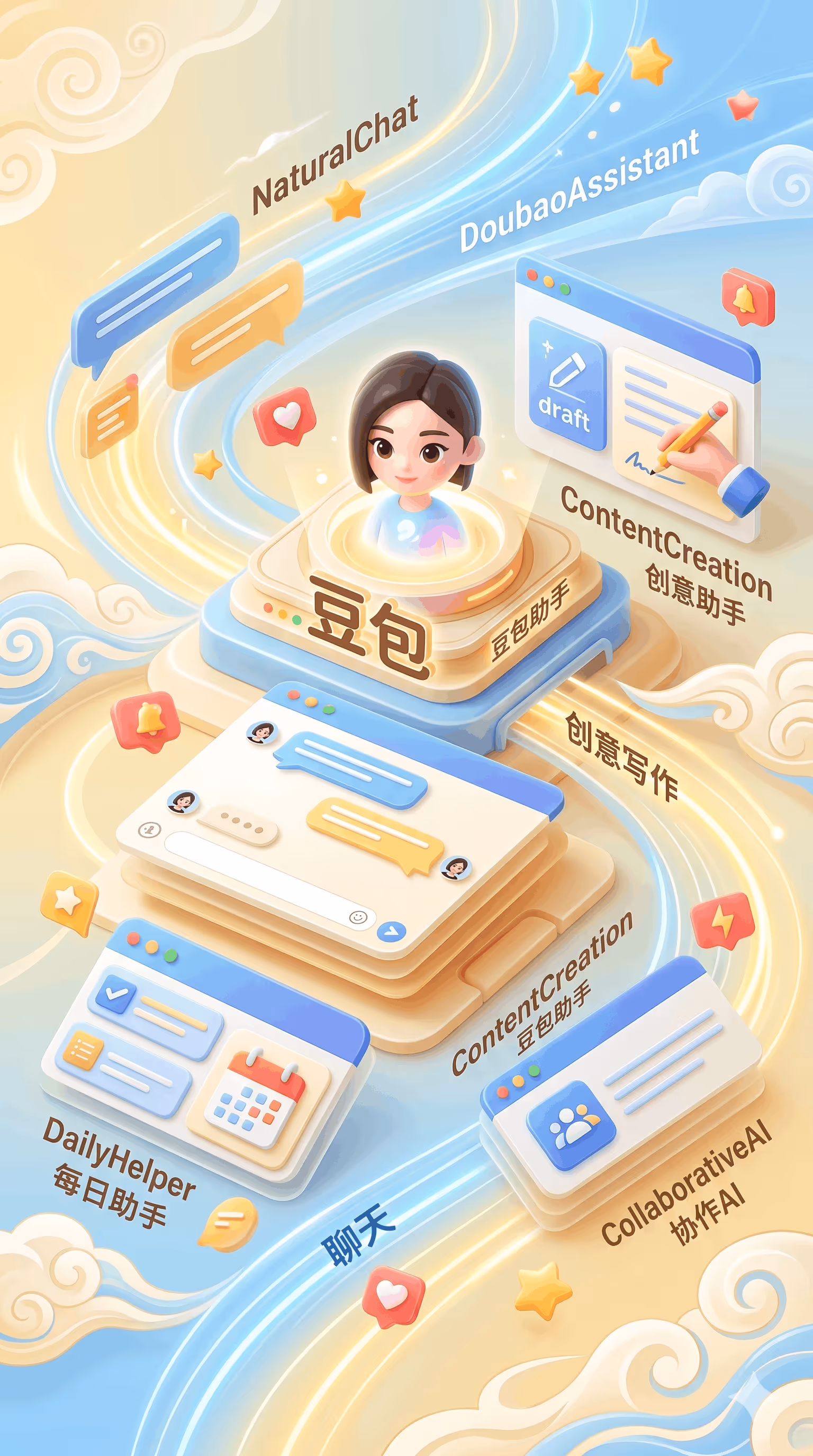 Illustration of AI assistant features: chat, content creation, daily help and collaborative AI with icons and text.