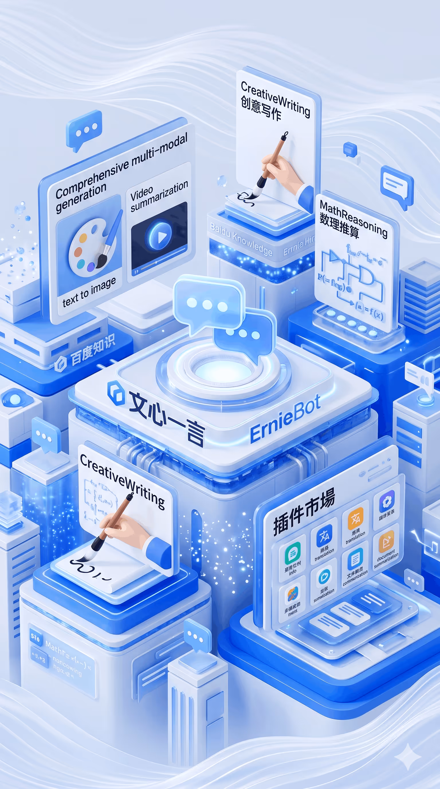 Blue and white digital interface showing ErnieBot with features like text-to-image, creative writing and math reasoning.