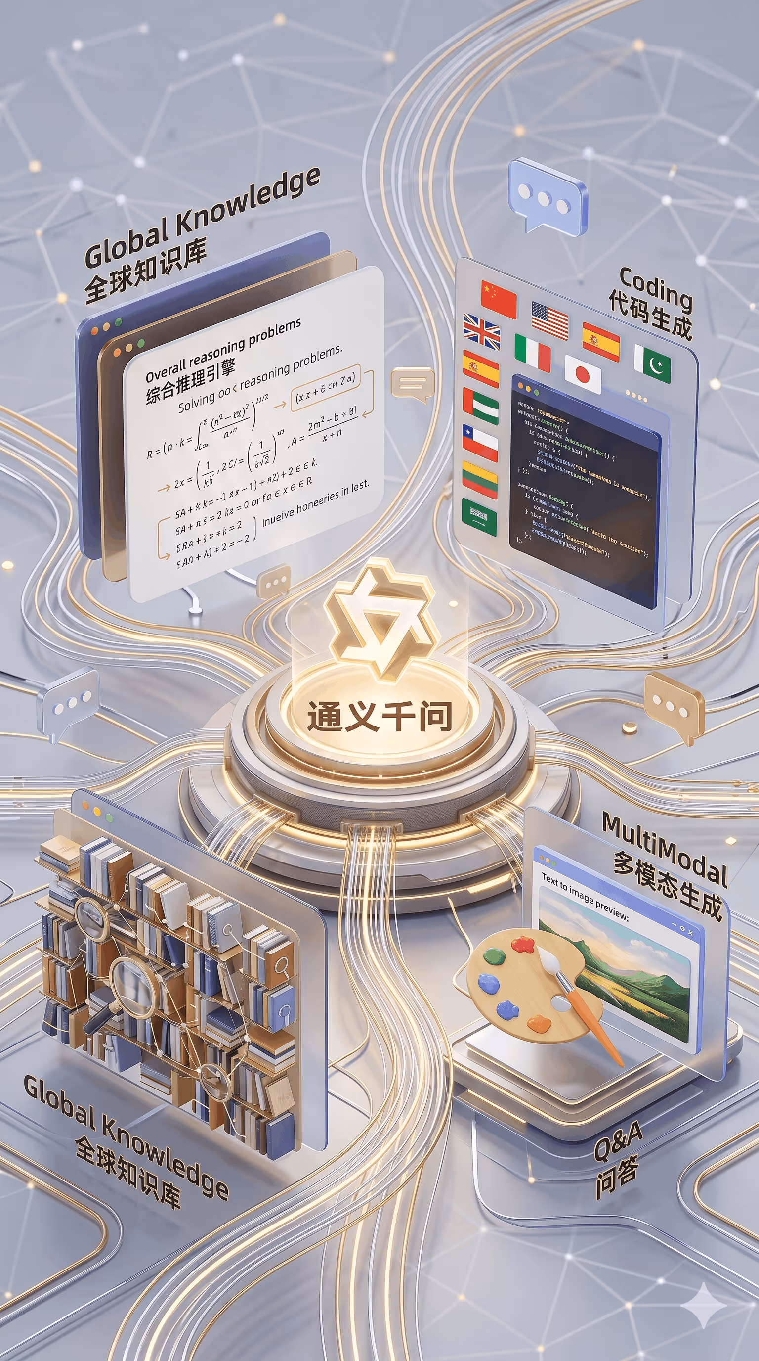 Central hub connected to screens for global knowledge, coding, multimodal generation and Q&A features.