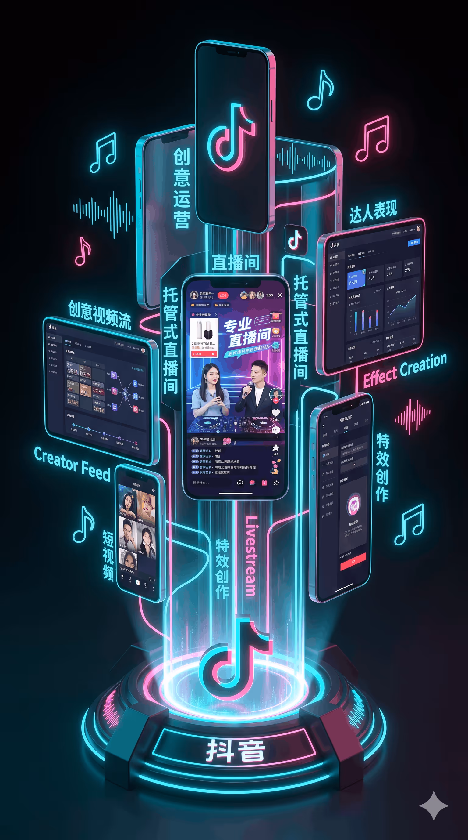 Glowing Douyin logo with floating smartphones showing livestream, creator feed and effect creation screens.