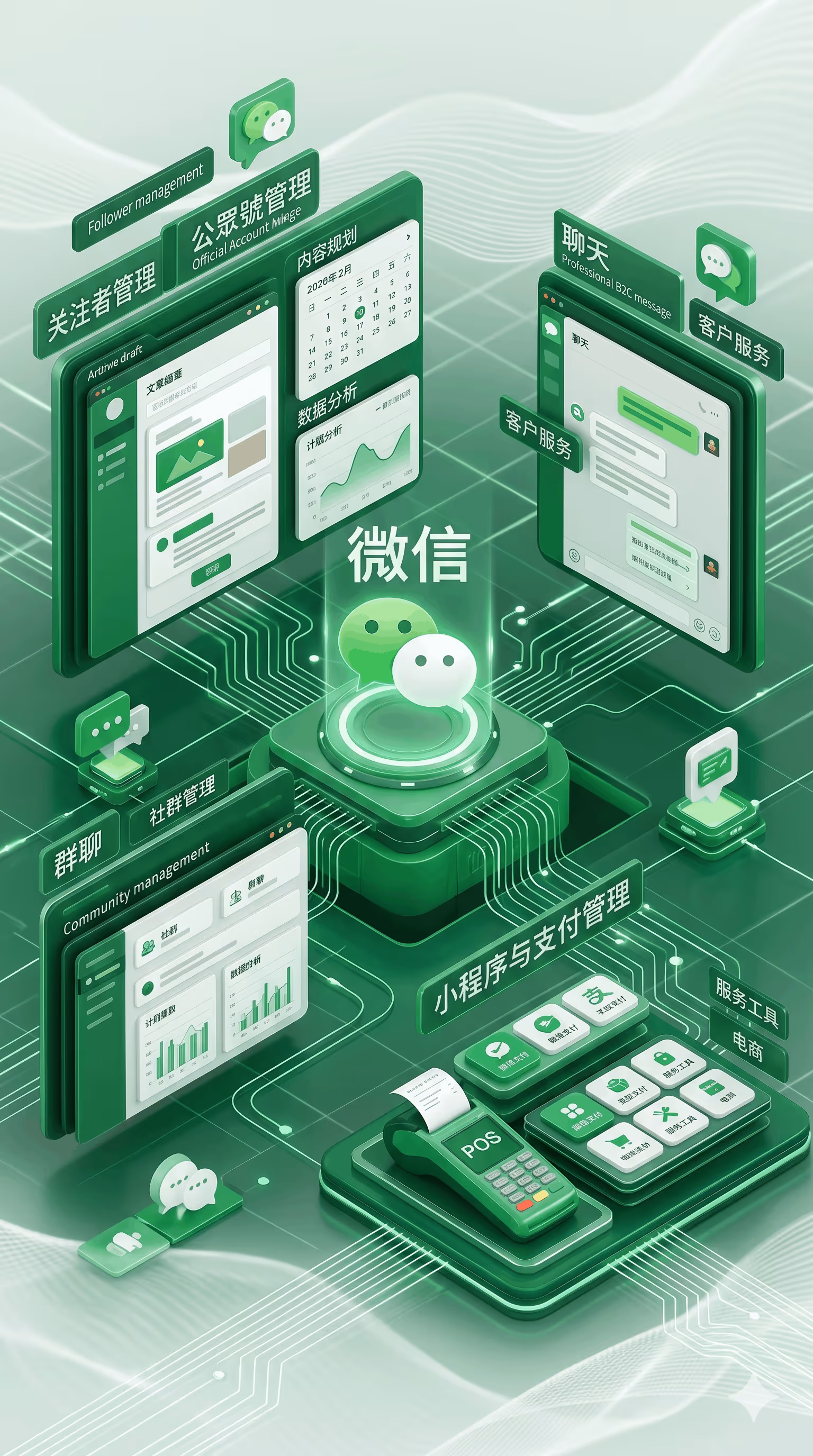 Green futuristic interface showcasing WeChat features like follower, community, chat and payment management.
