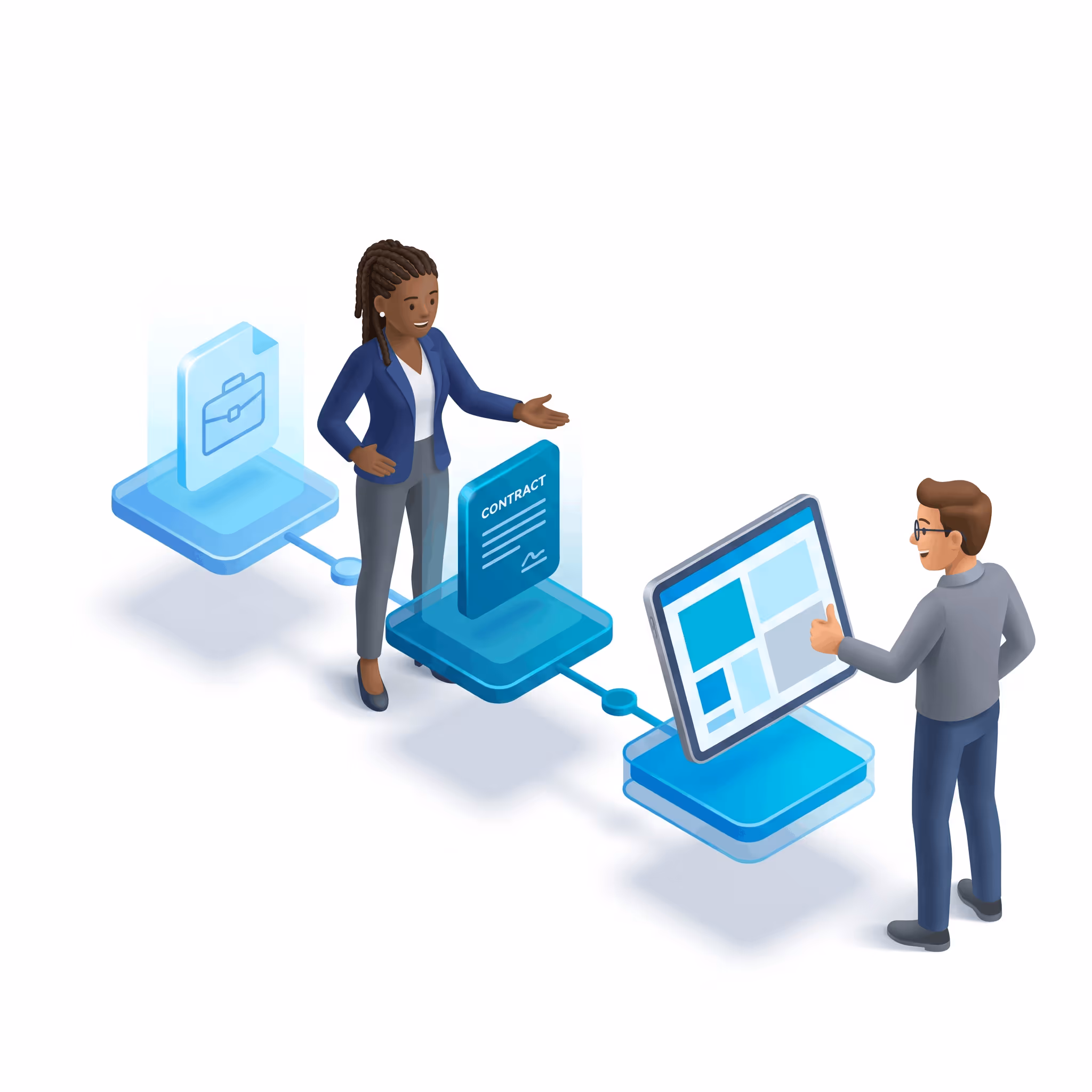 Businesswoman presenting digital contract to man who interacts with a screen showing data blocks.