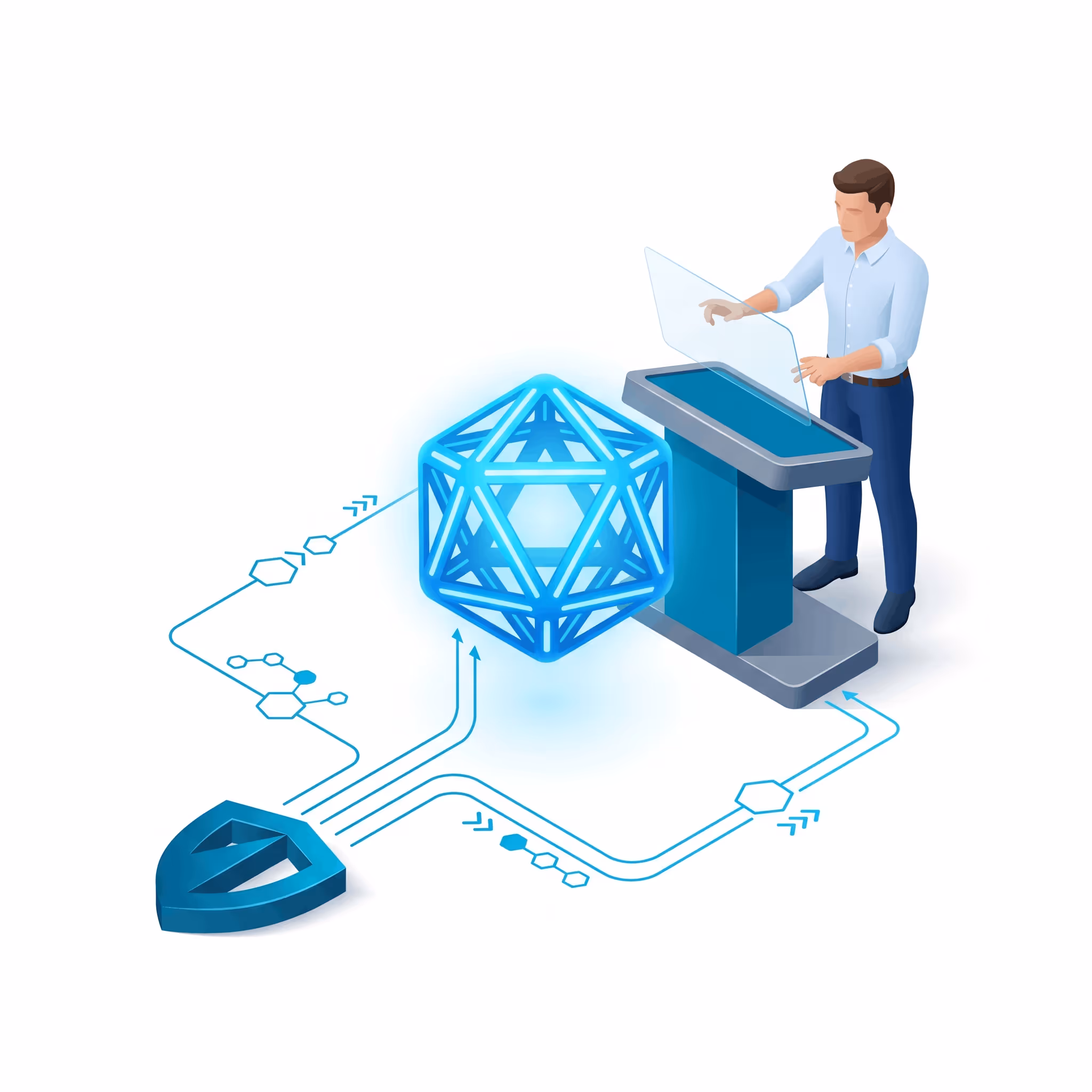 Man using a futuristic touchscreen console connected to a glowing geometric 3D structure and shield icon.