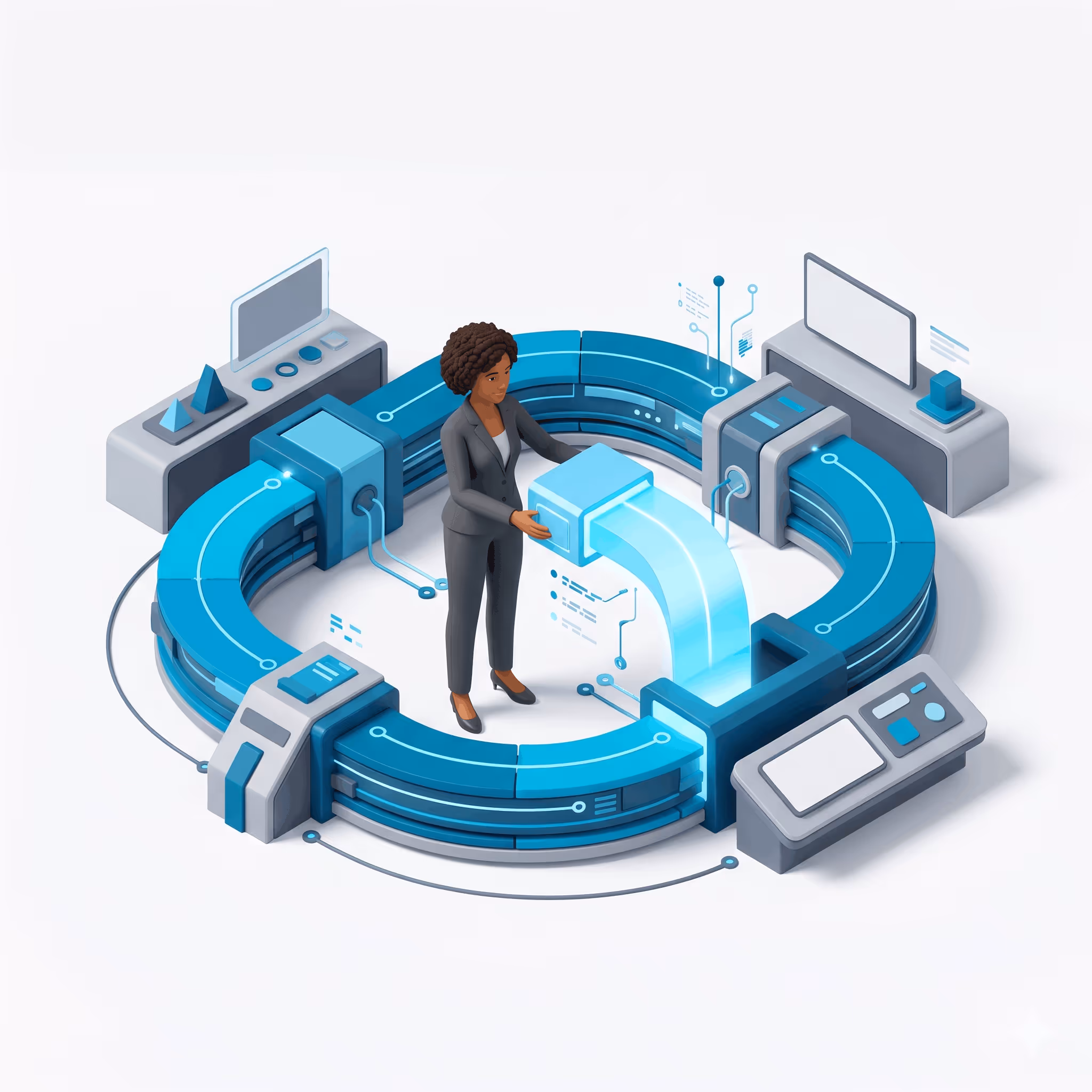 Woman in business suit interacting with blue digital data flow ring and control panels.