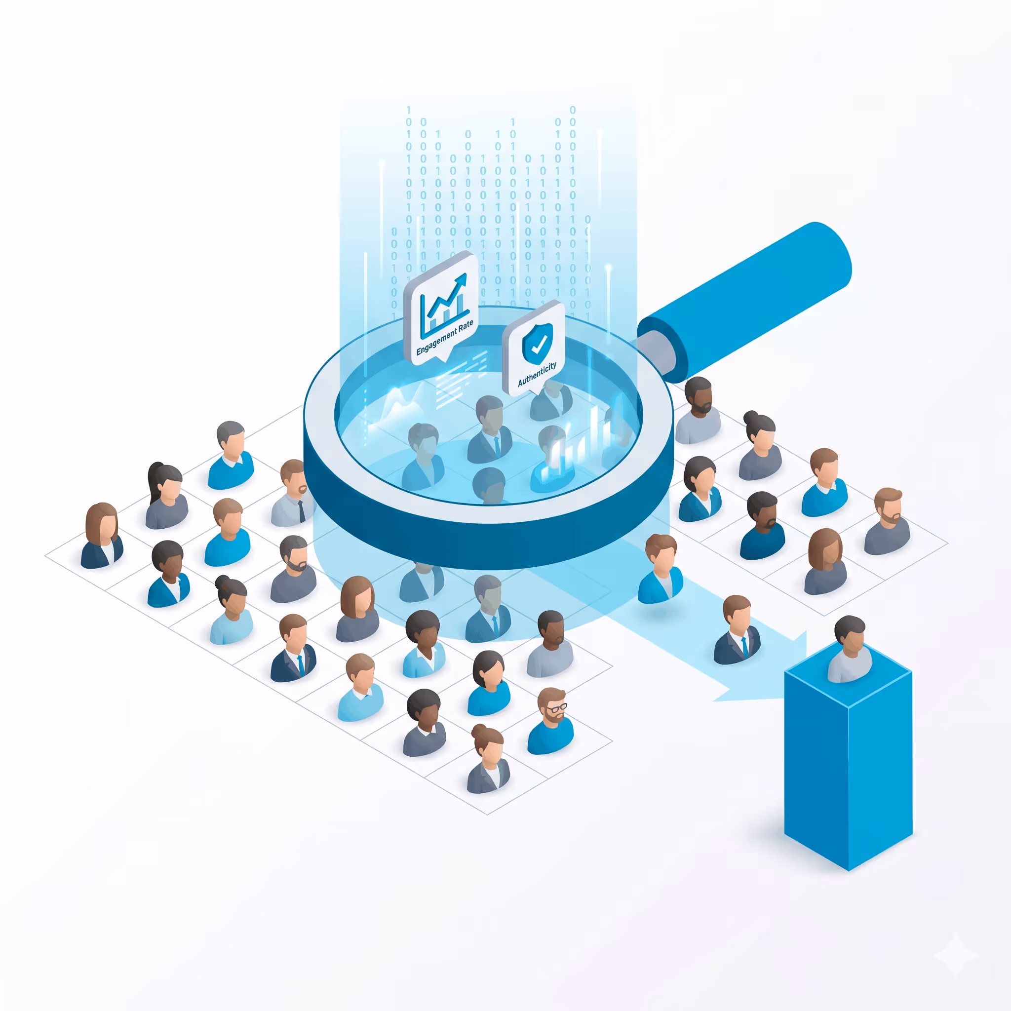 Magnifying glass highlighting selected people with engagement rate and authenticity data icons.