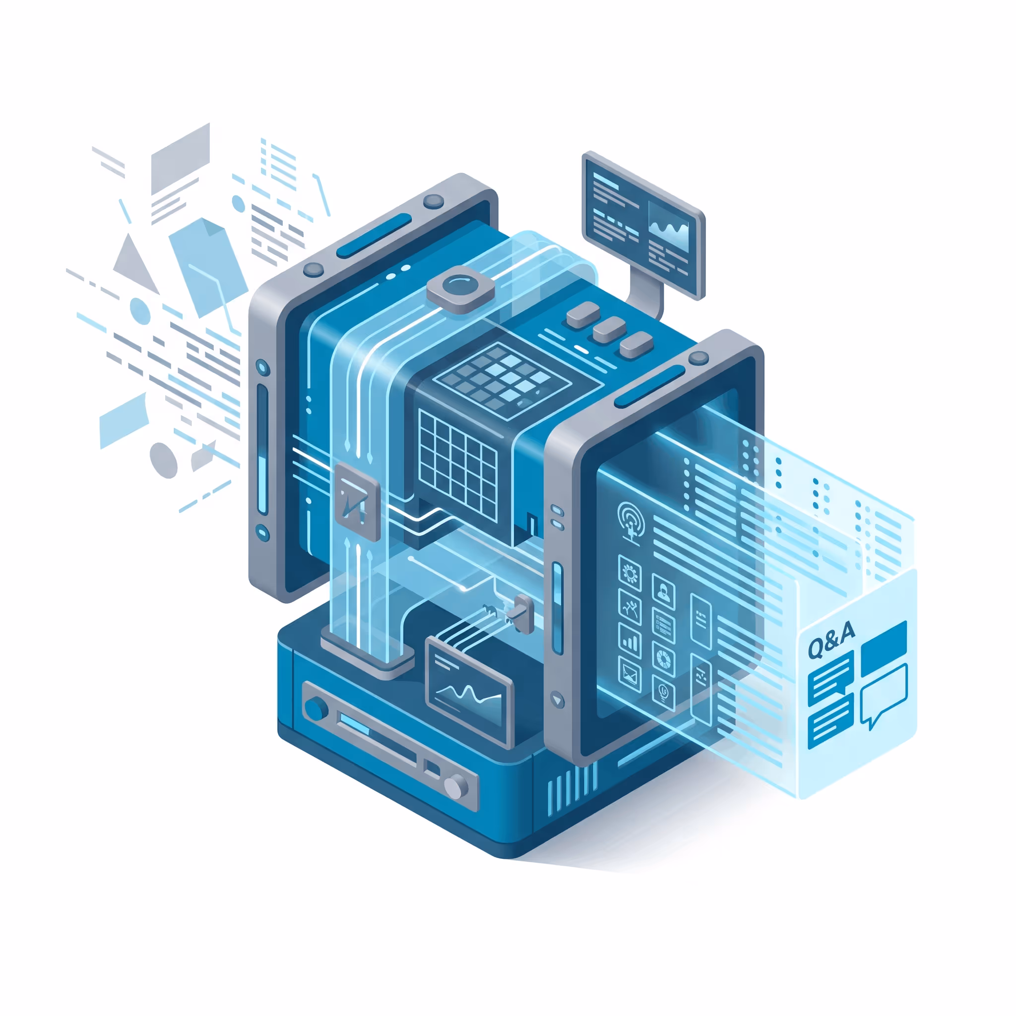 3D illustration of a futuristic data processing machine displaying Q&A and analytics screens.
