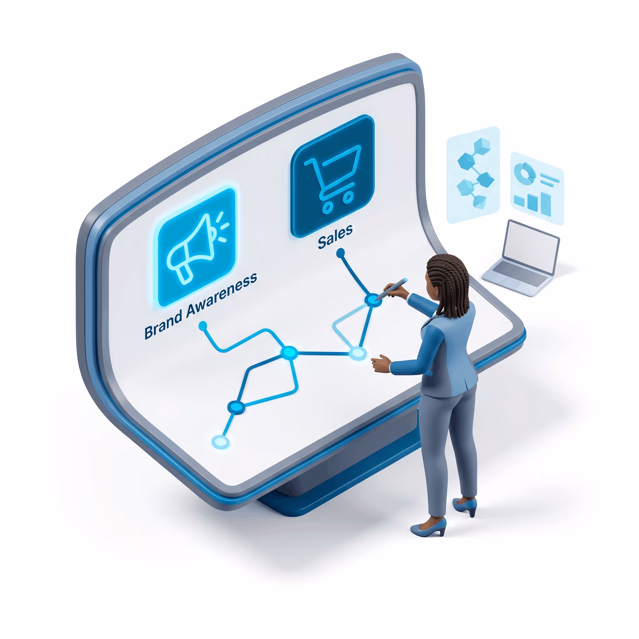 Woman interacting with a digital screen displaying a flowchart linking brand awareness to sales icons.