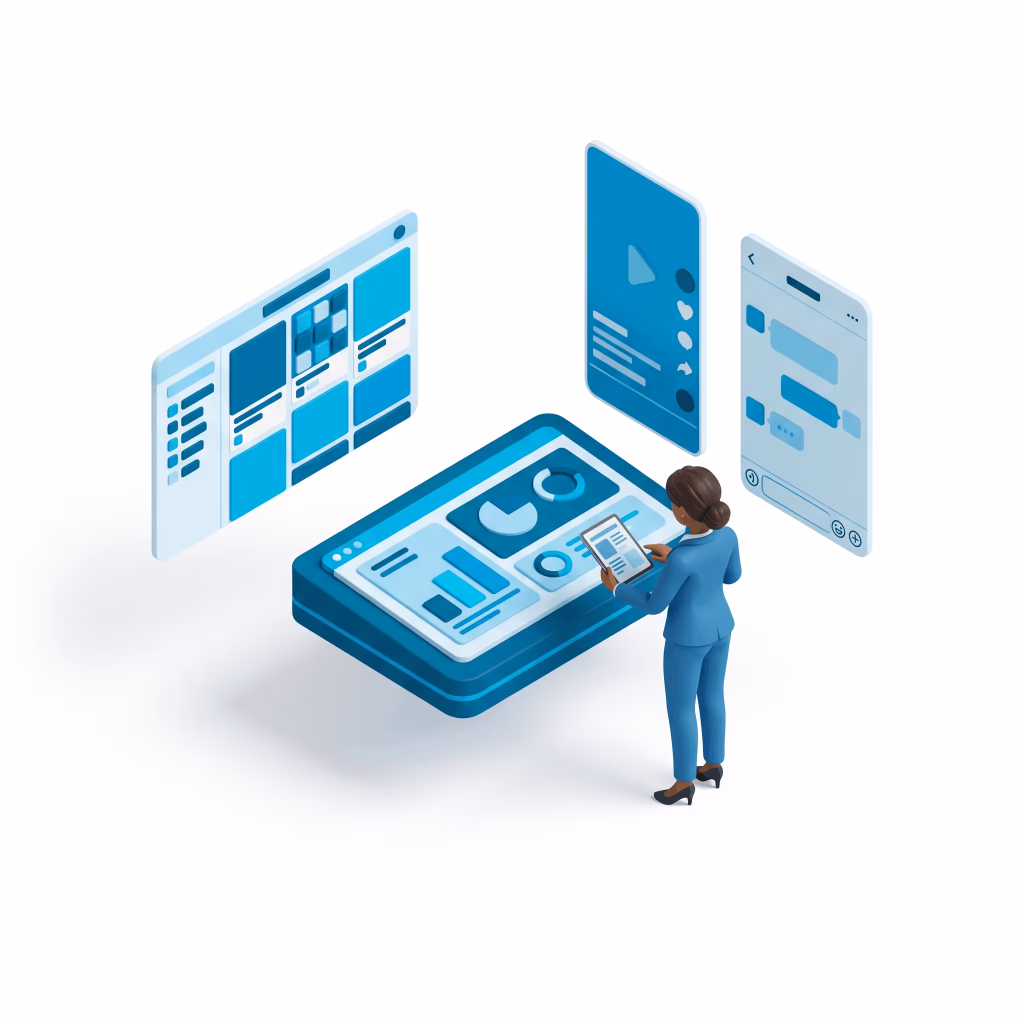 Woman in suit interacting with floating digital screens showing graphs, chat and social media icons.