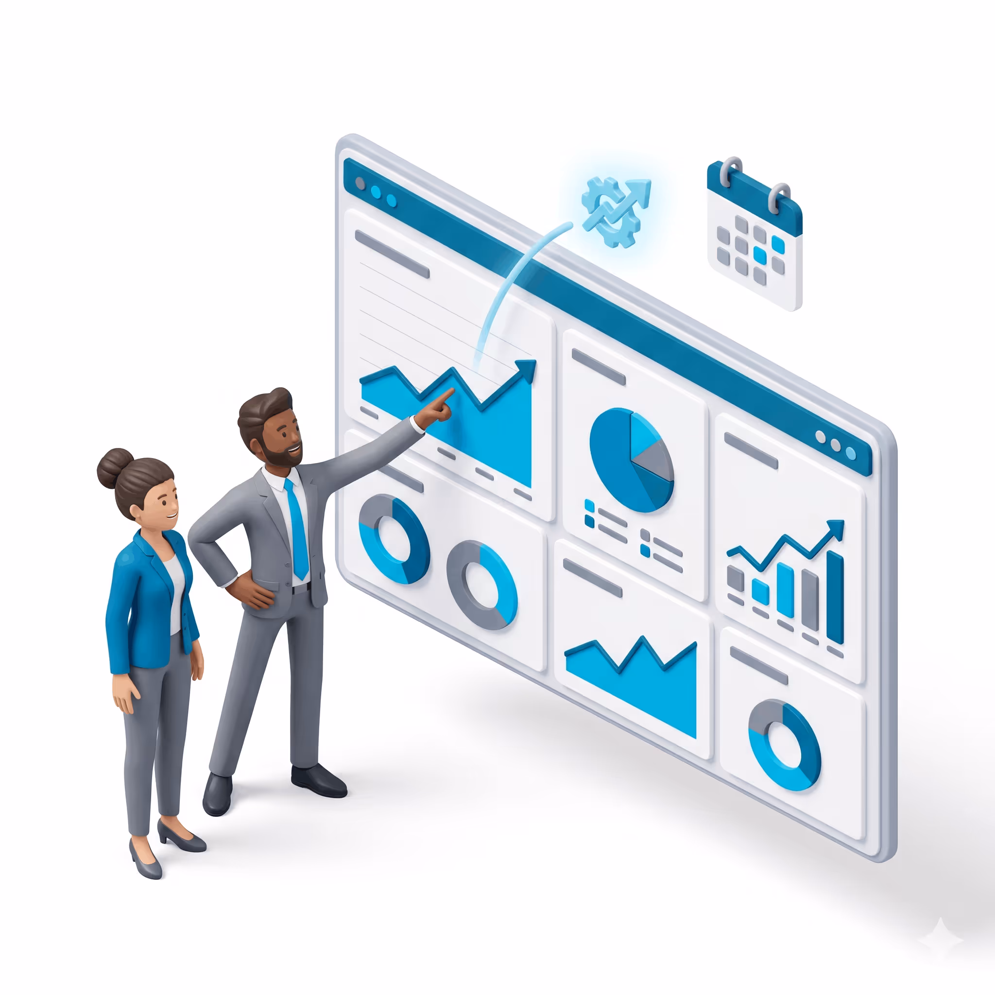Two businesspeople in suits reviewing large digital dashboard with charts and graphs.