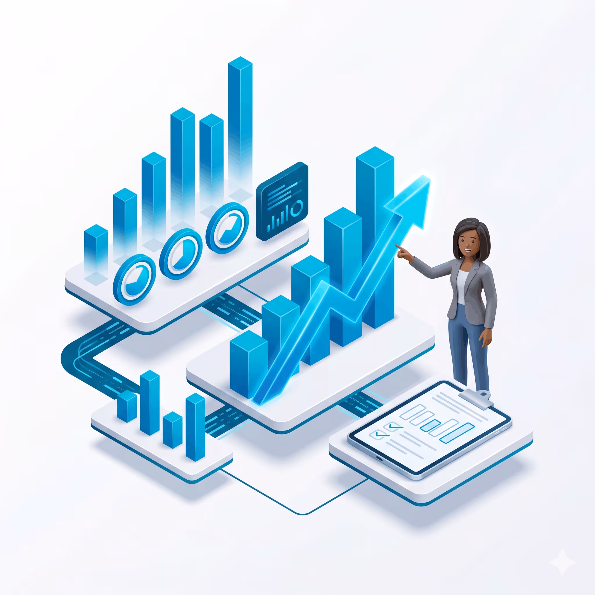 Businesswoman pointing to rising blue bar graphs and upward arrow showing financial growth and analytics.