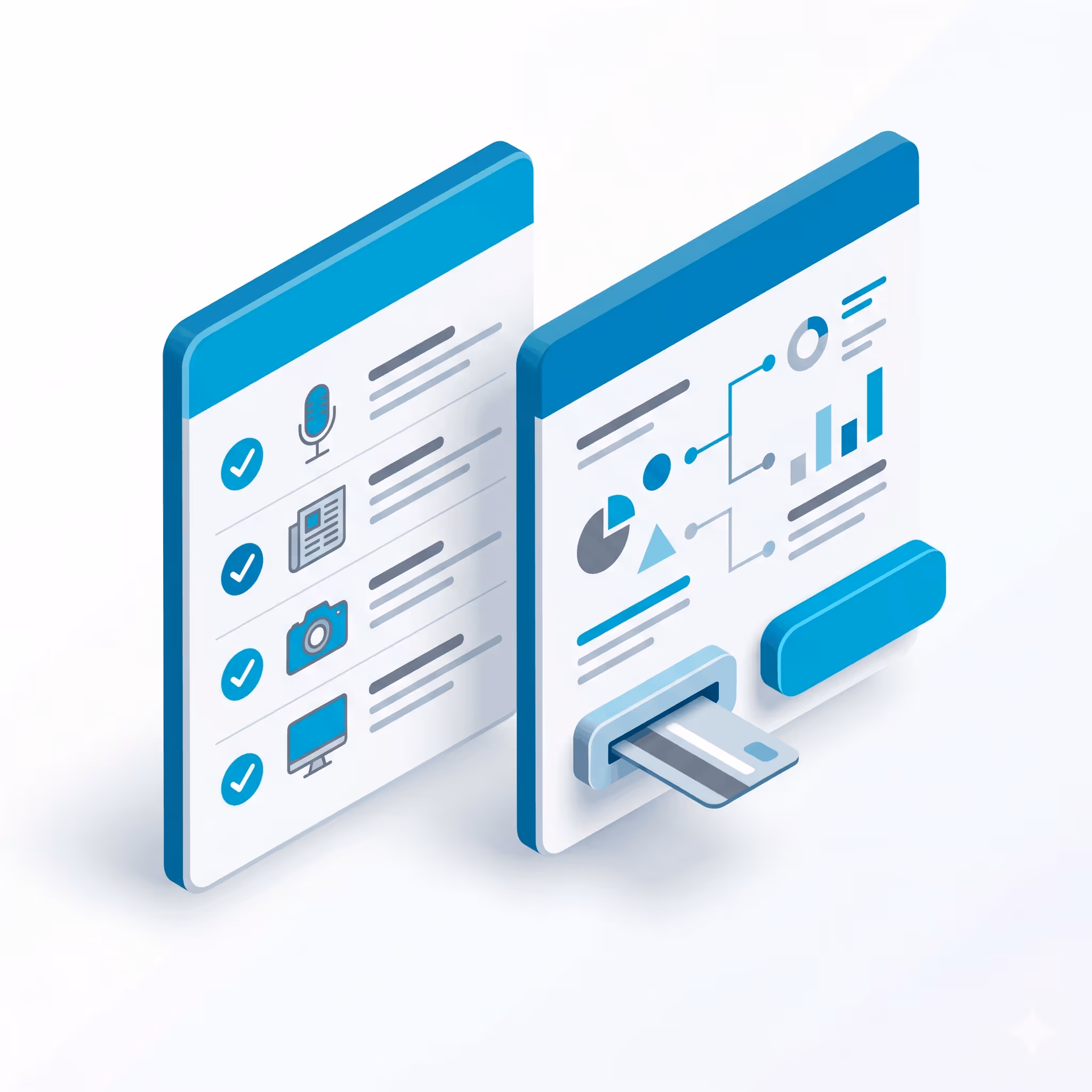 Isometric interface showing checklist with icons and a dashboard with charts and credit card slot.