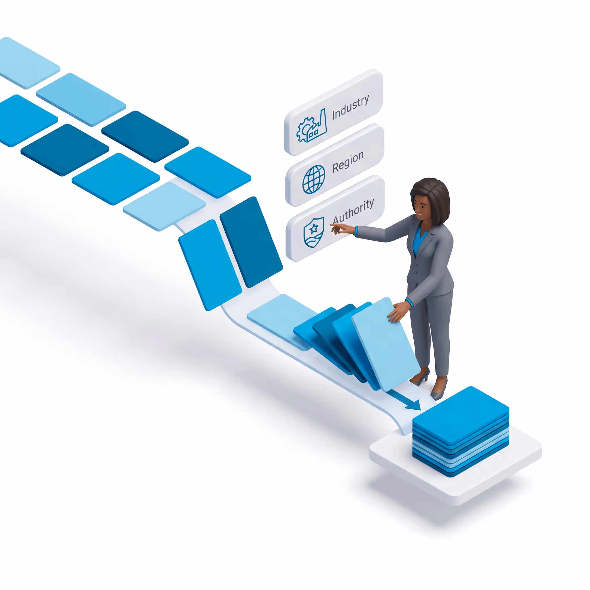 Woman in gray suit sorting blue data blocks linked to industry, region and authority filters.
