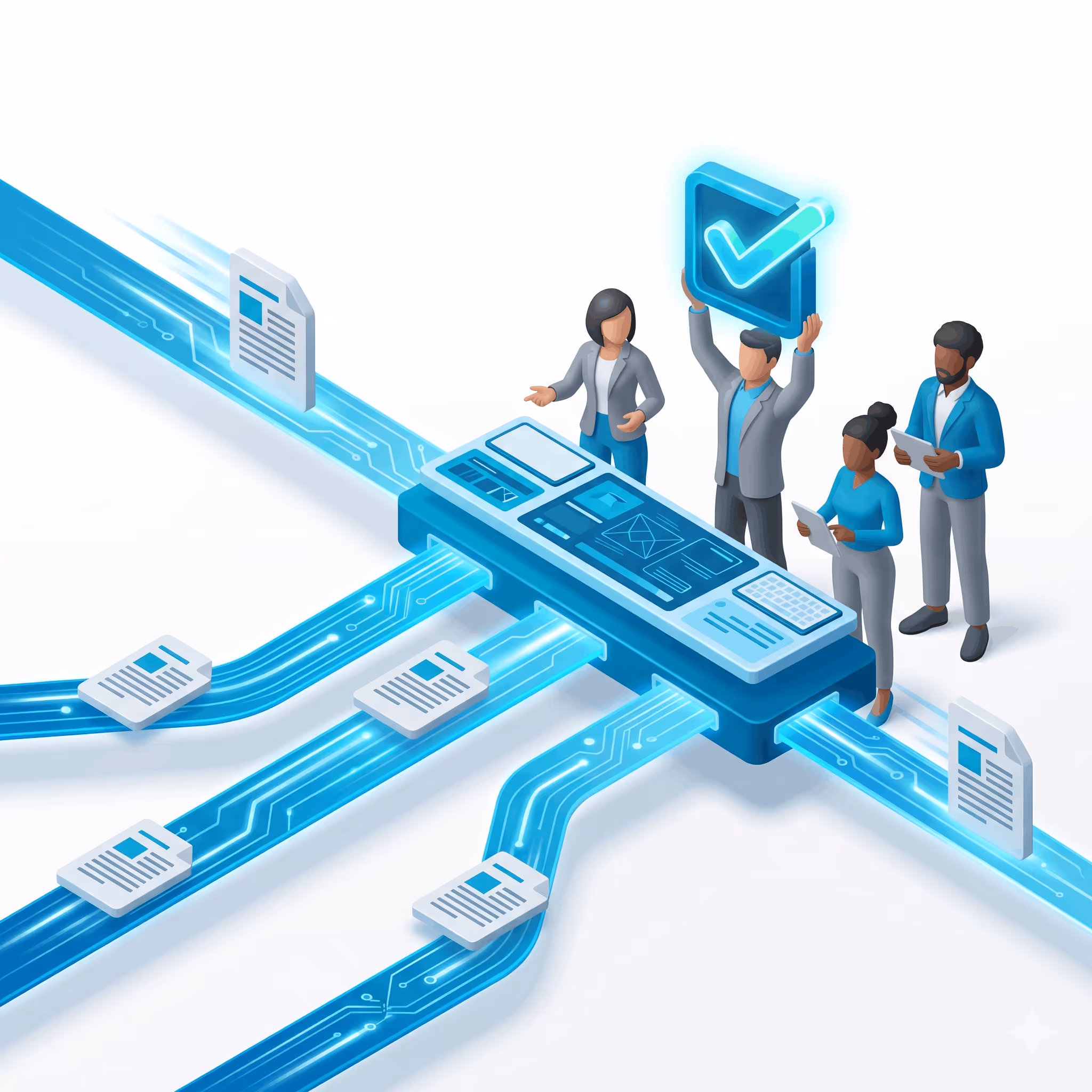 People managing digital documents flowing through a futuristic control panel with a checkmark icon.