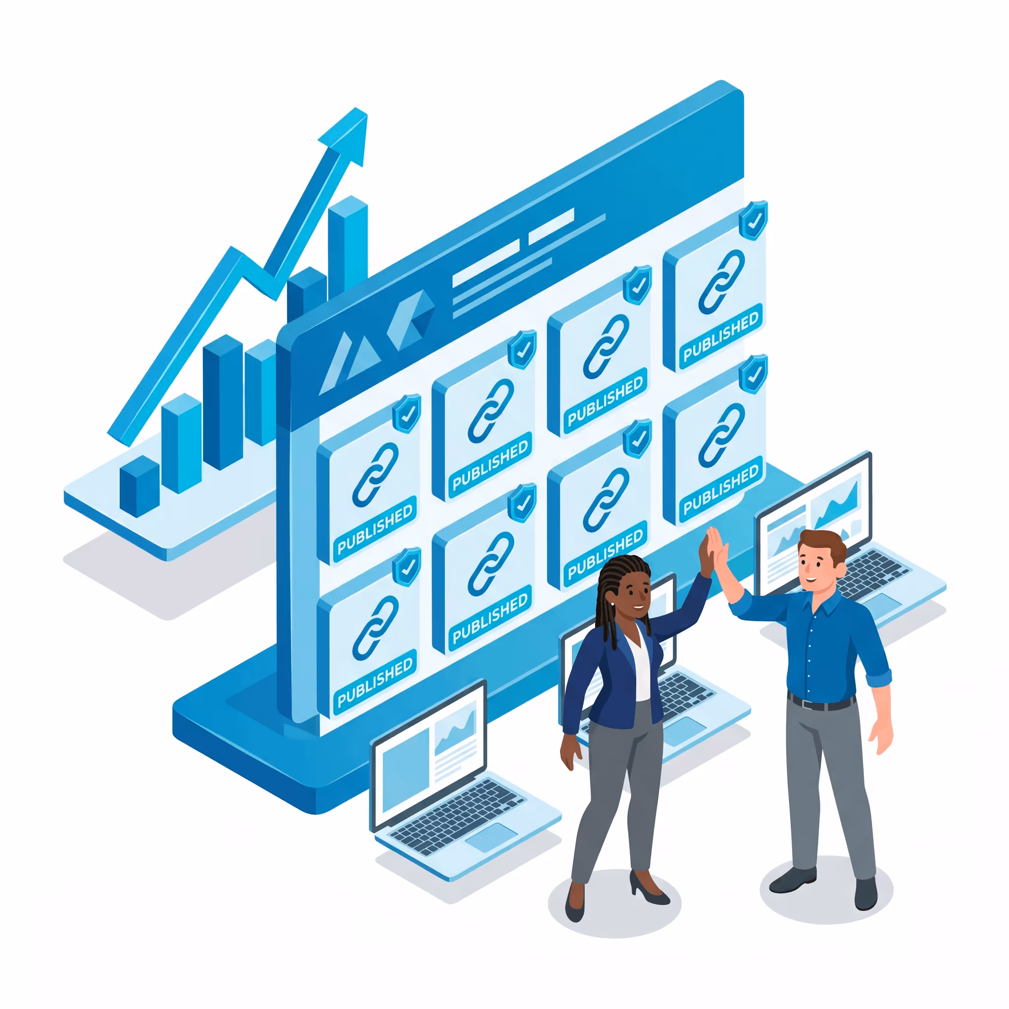 Two businesspeople high-five near laptops and a screen showing published links and rising graph.