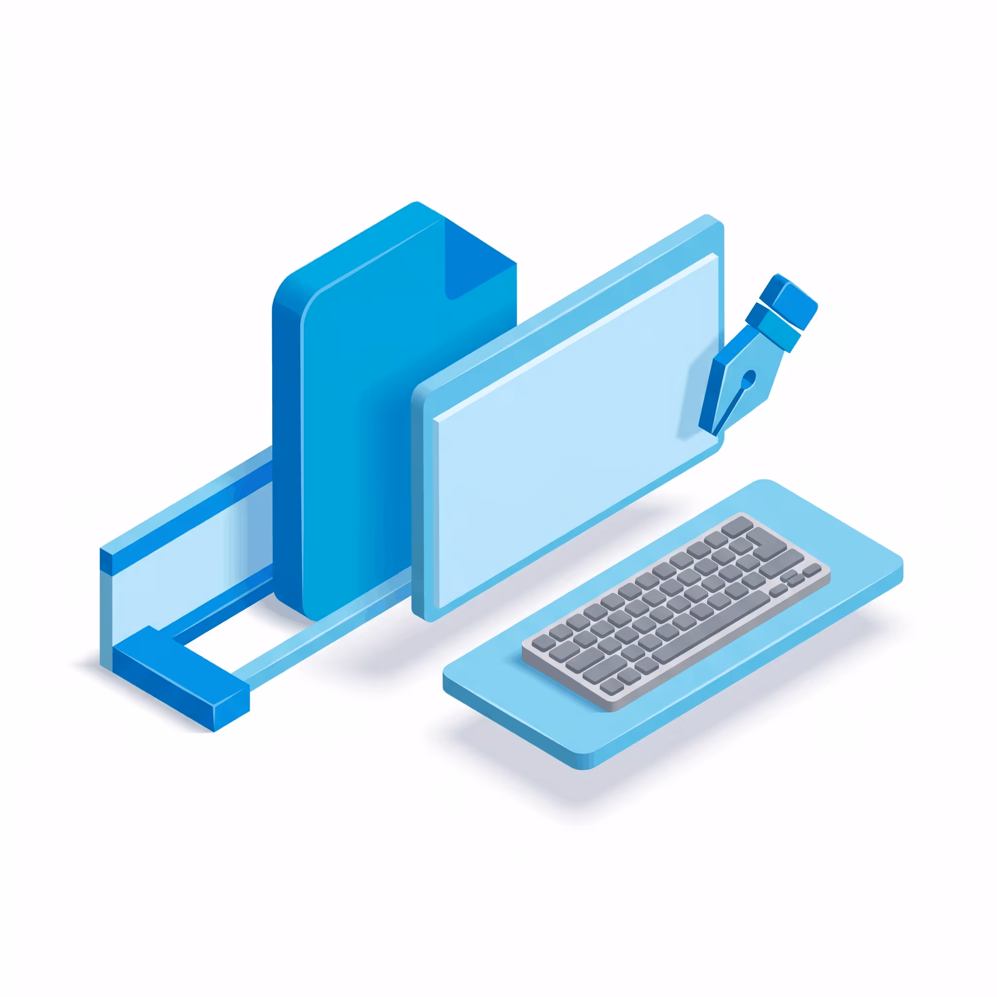 3D illustration of a computer monitor, keyboard, document icon and pen nib in blue tones.