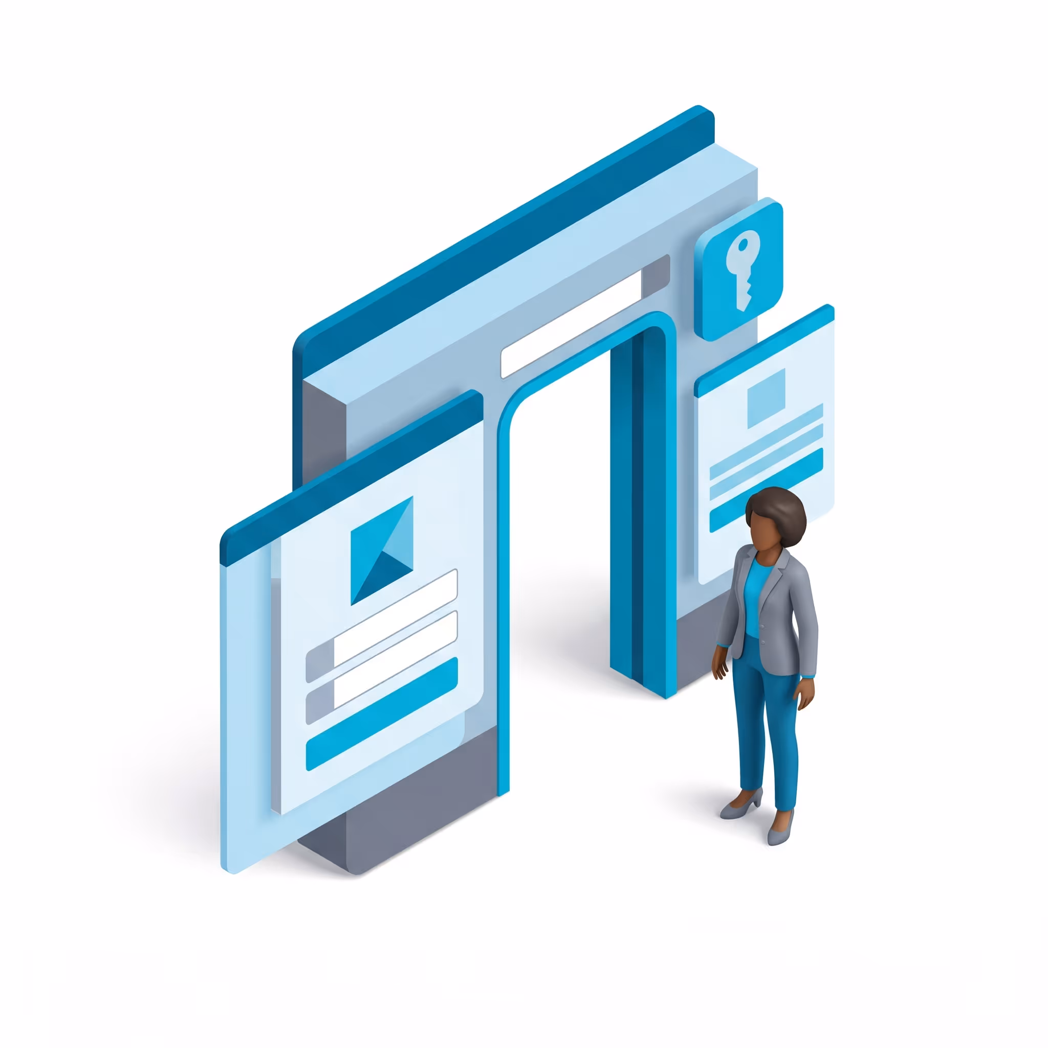 Isometric woman standing next to a large digital login interface with a key symbol above.