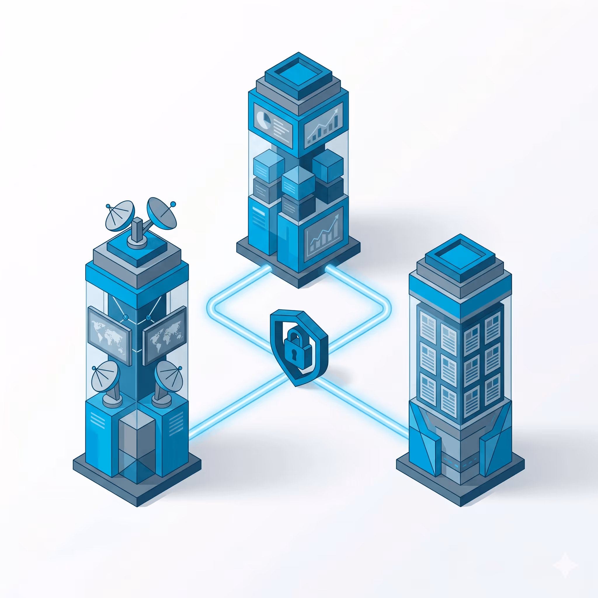Isometric network of three blue data towers connected with glowing lines and a shield with a lock in the center.