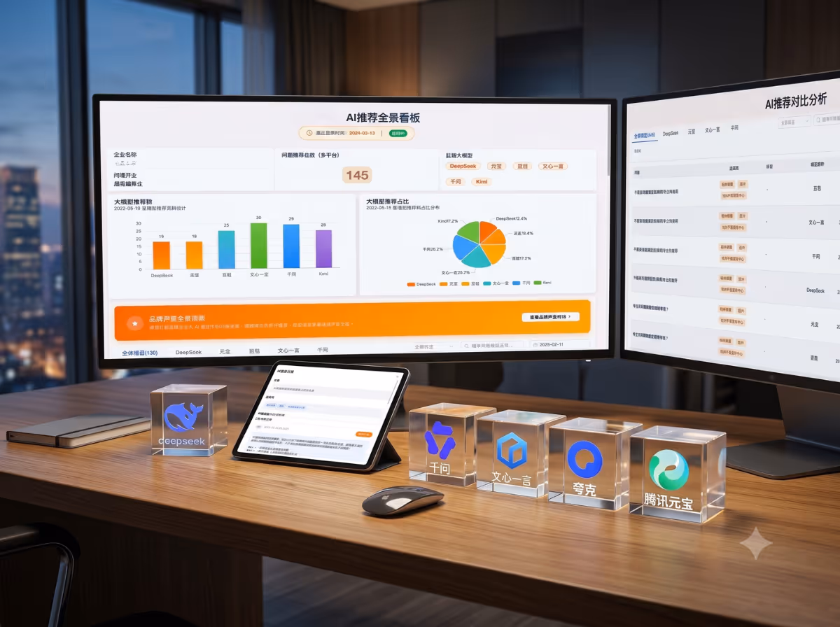 Work desk with two monitors showing AI data charts and an iPad, with branded acrylic cube logos in front.